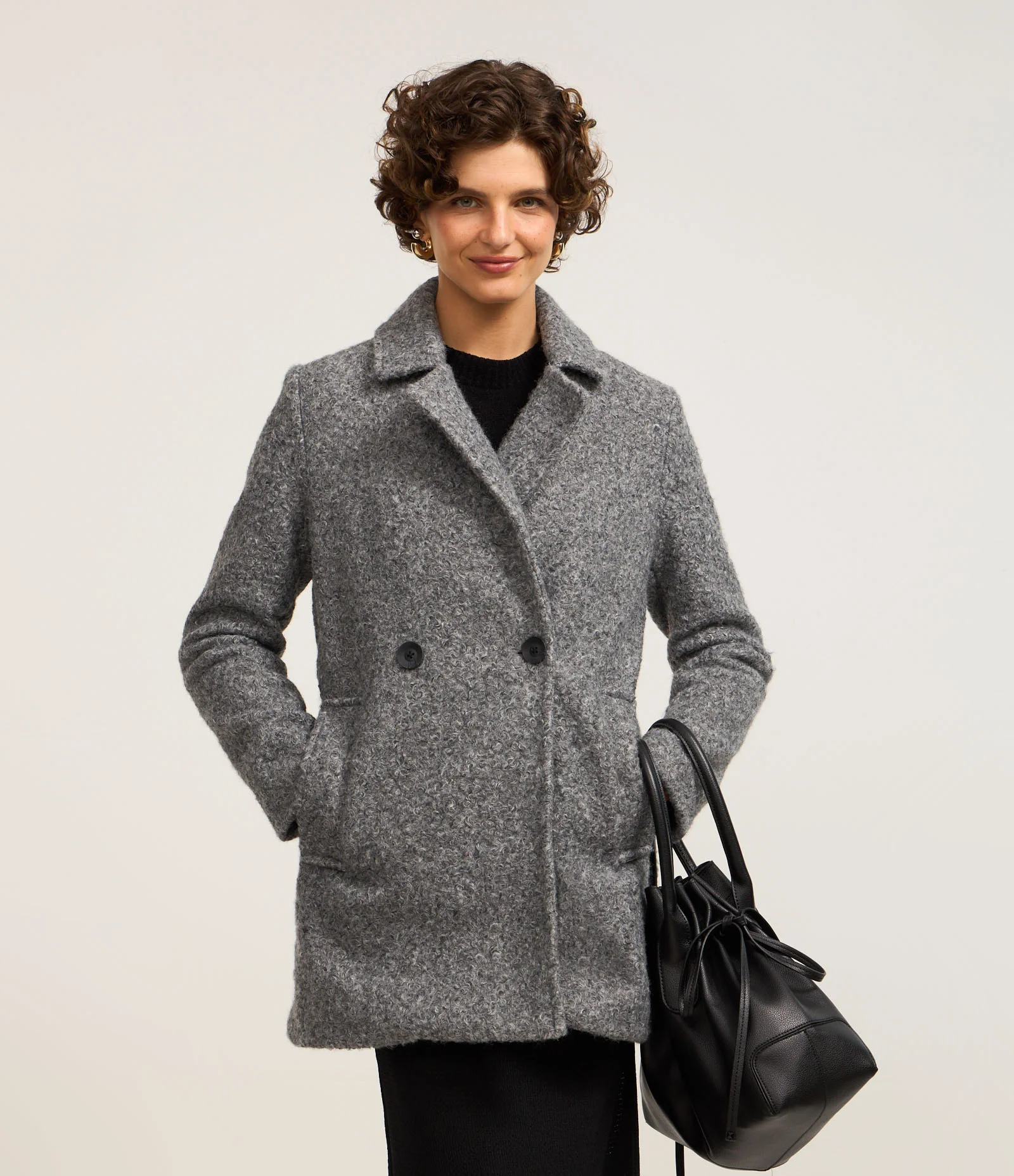 Casaco Alongado em Polyvelour com Textura Boucle Cinza 1