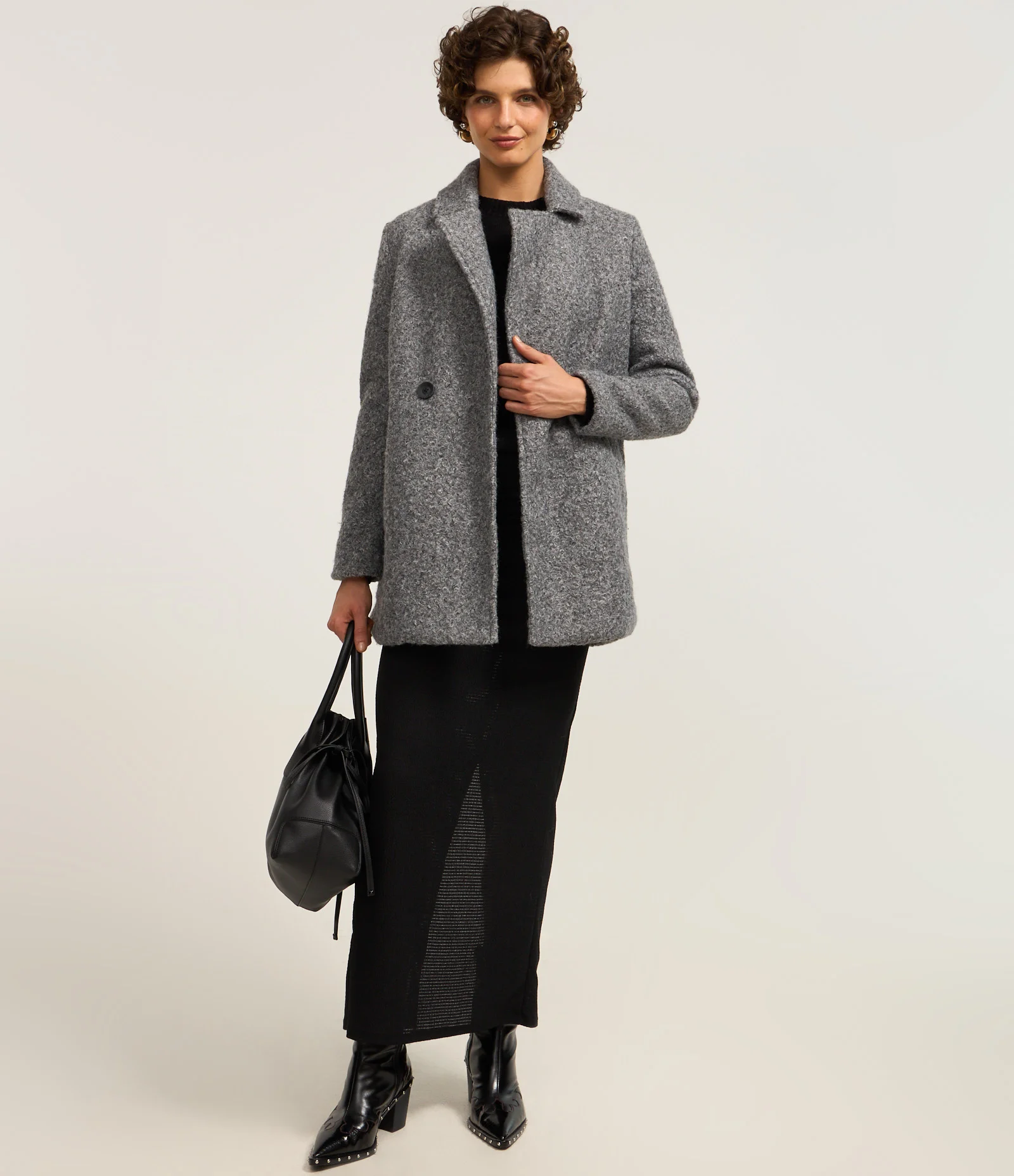 Casaco Alongado em Polyvelour com Textura Boucle Cinza 2