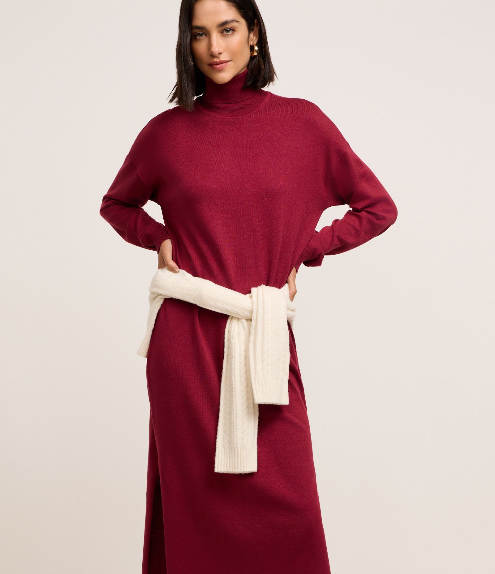 Vestido Midi em Tricô com Gola Alta e Manga Longa Vermelho 1