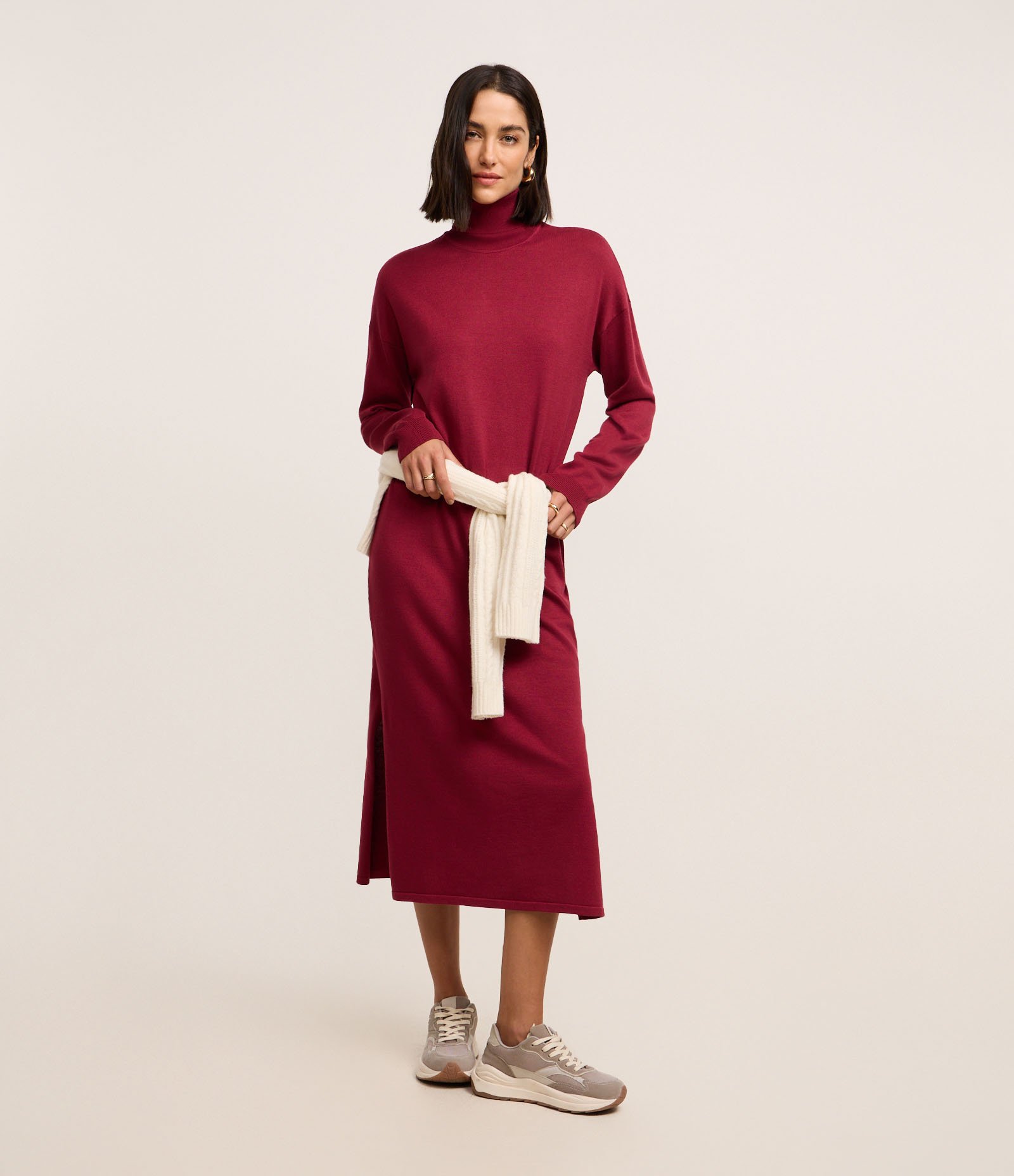 Vestido Midi em Tricô com Gola Alta e Manga Longa Vermelho 2