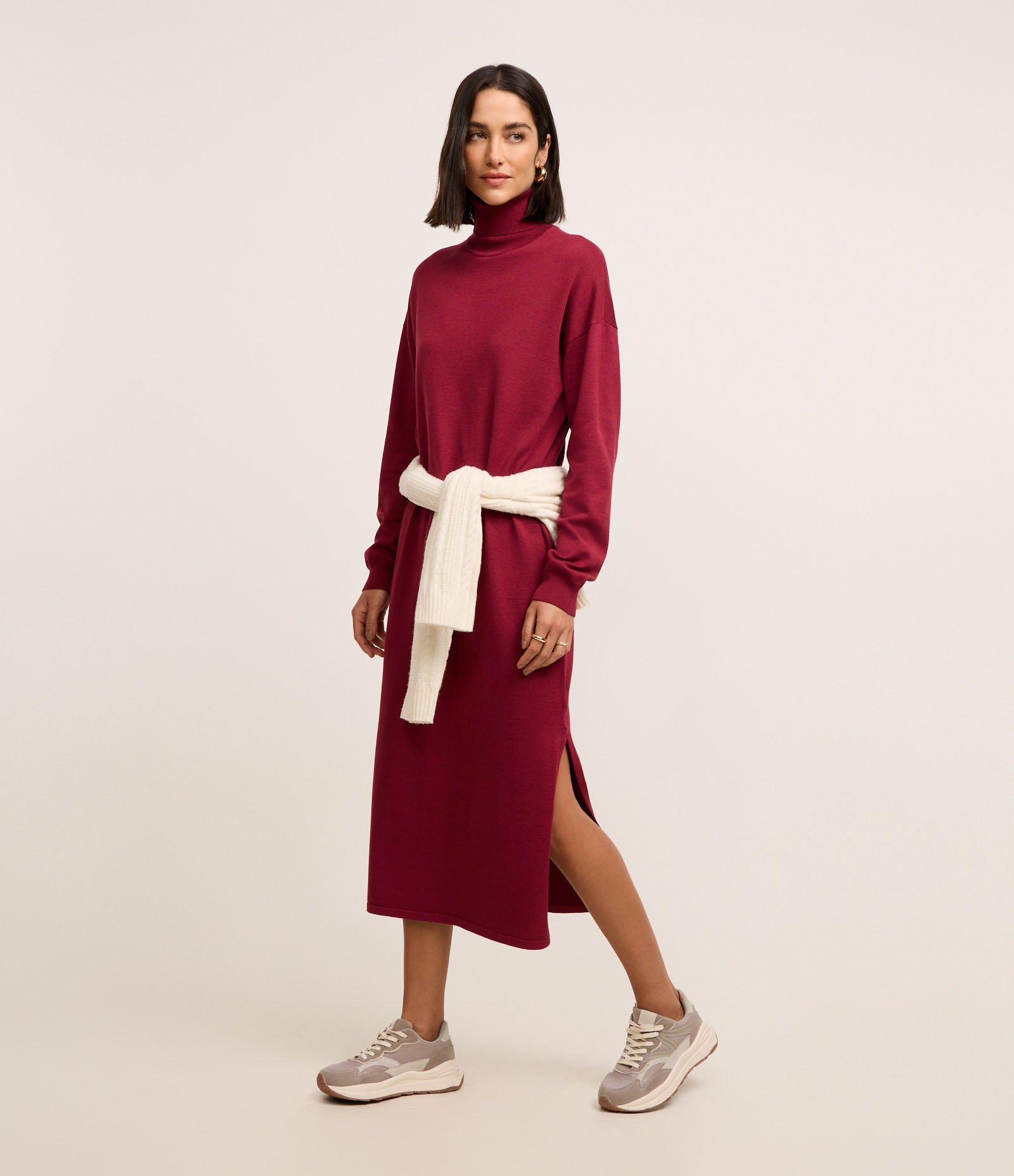 Vestido Midi em Tricô com Gola Alta e Manga Longa Vermelho 4