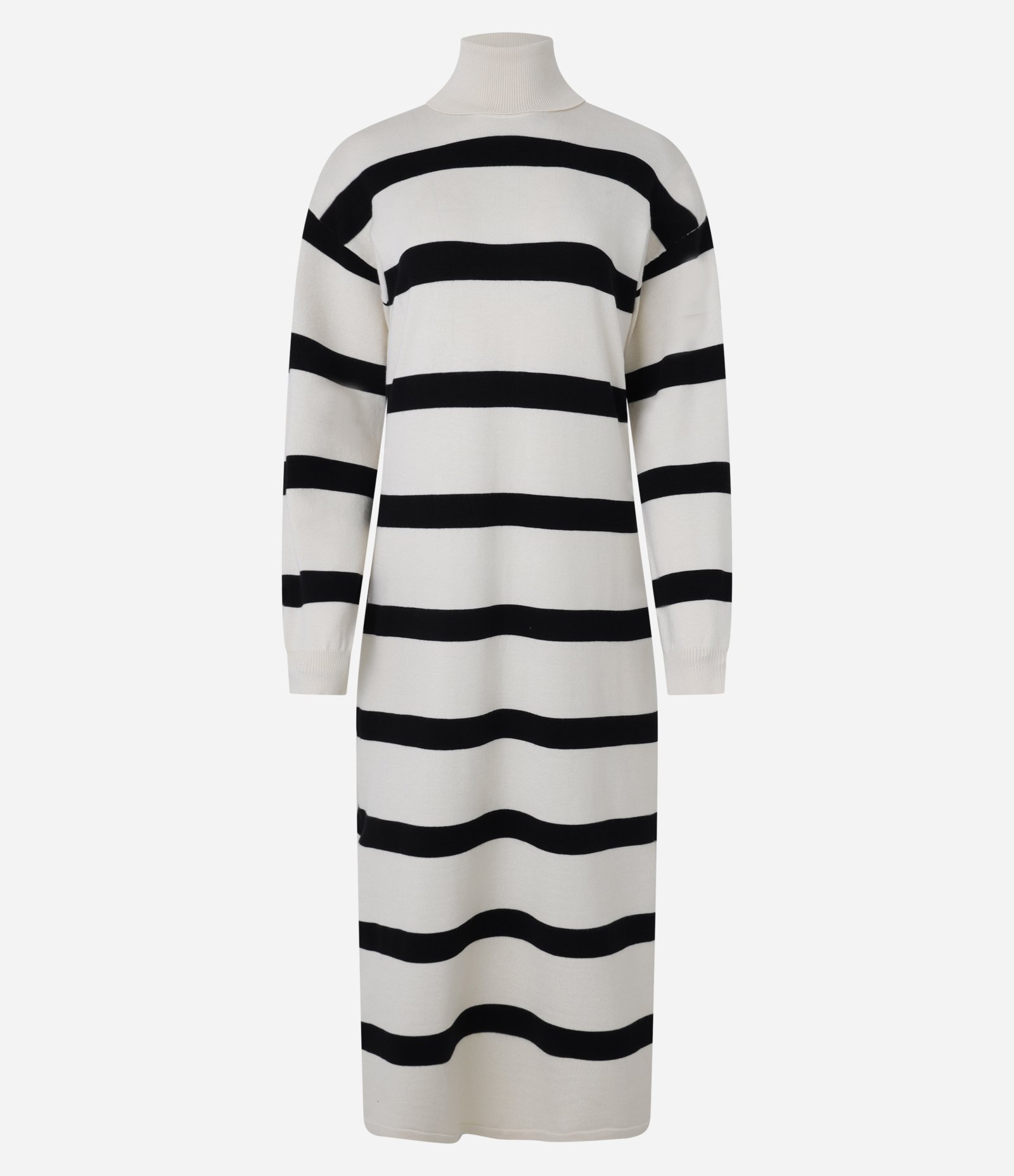 Vestido Reto Midi em Tricô Listrado com Cava Deslocada Bege/Preto 7