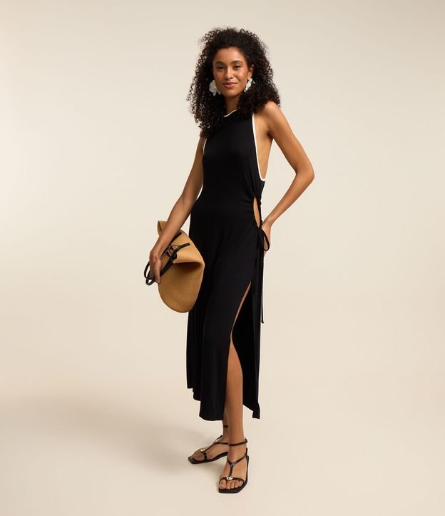 Saída de Praia Vestido Midi com Recorte Lateral e Viés Contrastante
