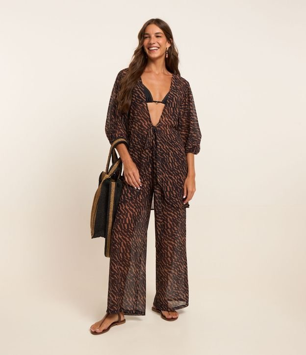 Saída de Praia Calça em Chiffon Estampa Botânica