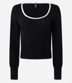 Blusa em Tricô Leve com Decote Quadrado e Contraste