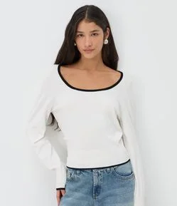 Blusa em Tricô Leve com Decote Quadrado e Contraste