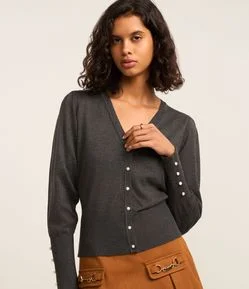 Cardigan em Tricô com Manga Bufante e Botão Pérola