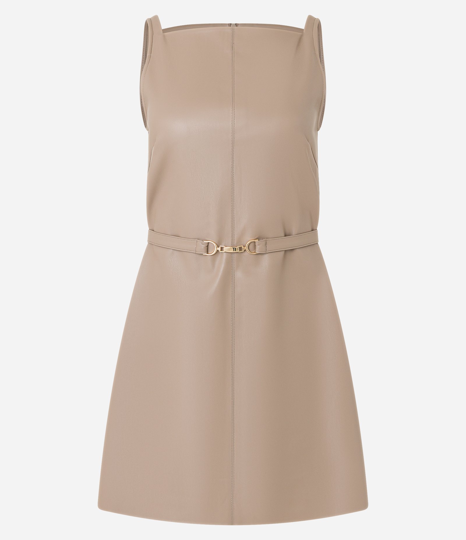 Vestido Curto em PU com Cinto de Fivela Diferenciada Bege 7
