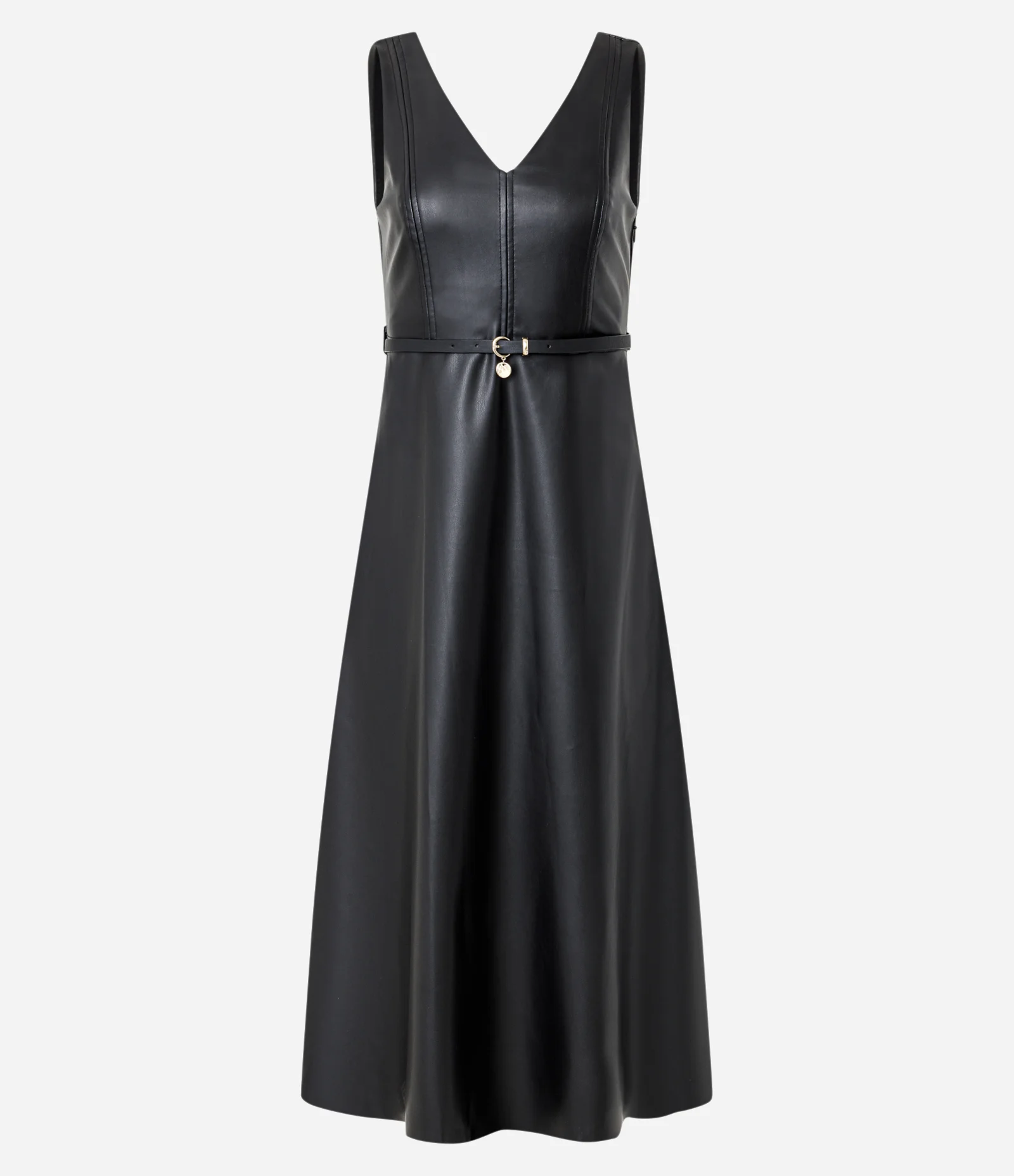 Vestido Evasê Midi em PU com Decote V e Cinto Fino Preto 6