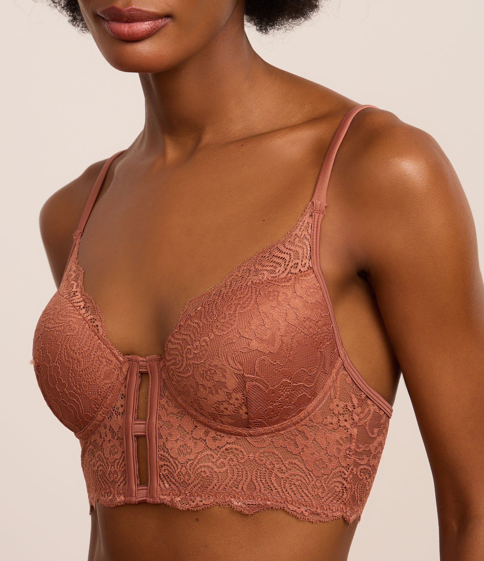 Sutiã Alongado com Bojo Oco em Microfibra e Detalhes de Renda Marrom 3