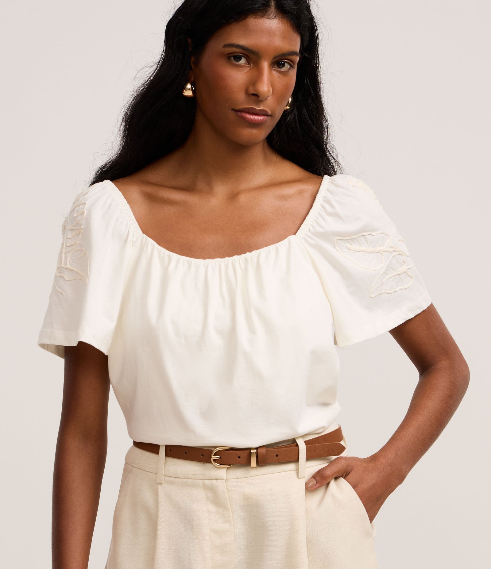 Blusa em Algodão com Bordado de Folhagens nas Mangas Branco 4