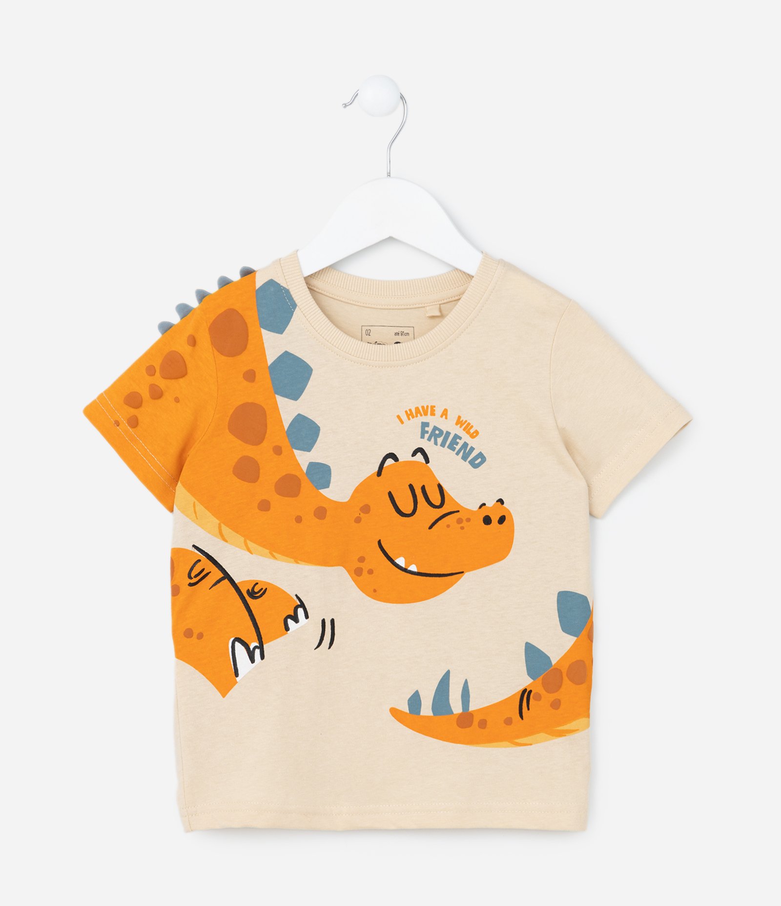 Camiseta Infantil com Estampa Interativa de Dino - Tam 1 a 6 Anos Bege 2