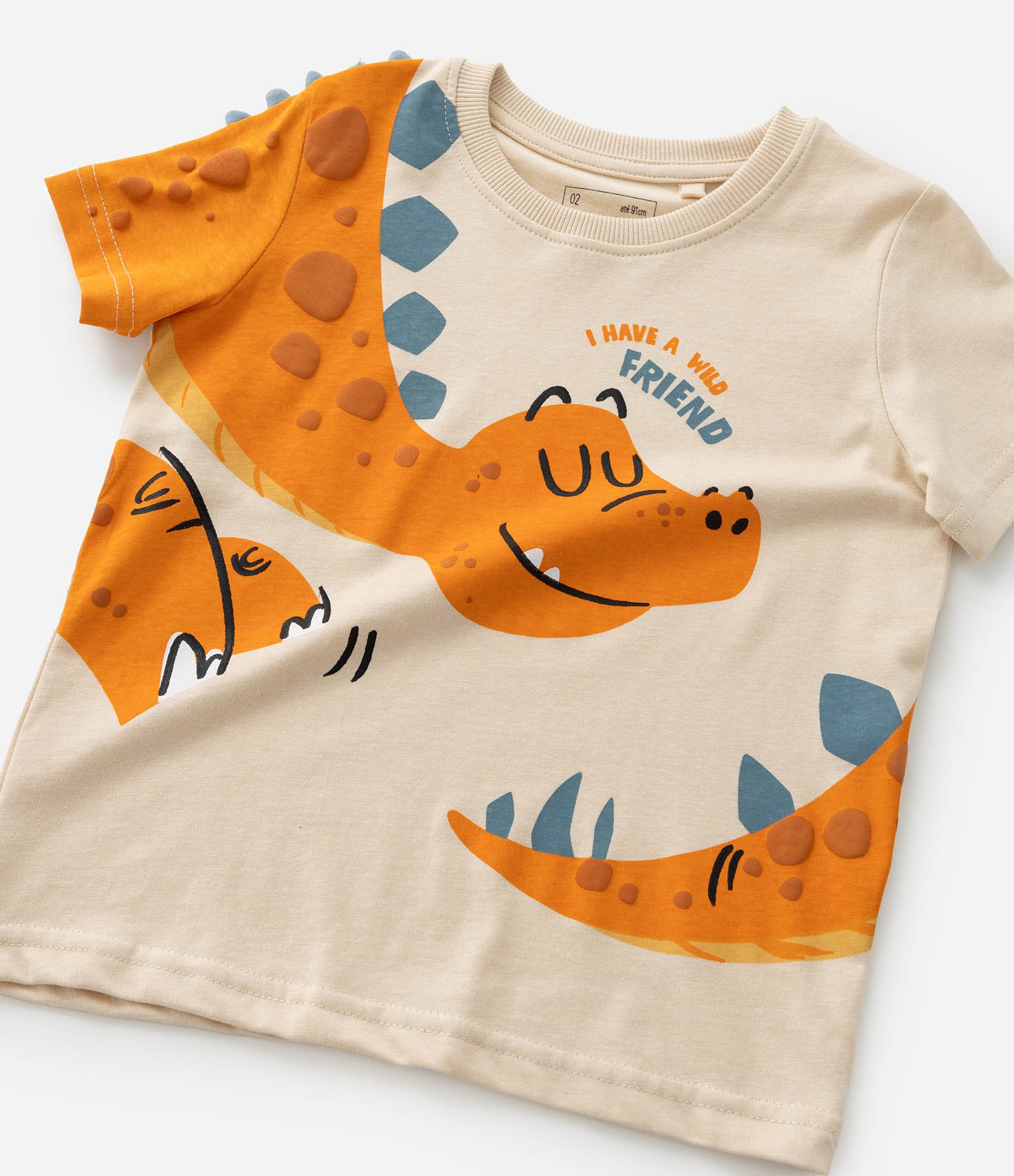 Camiseta Infantil com Estampa Interativa de Dino - Tam 1 a 6 Anos Bege 7