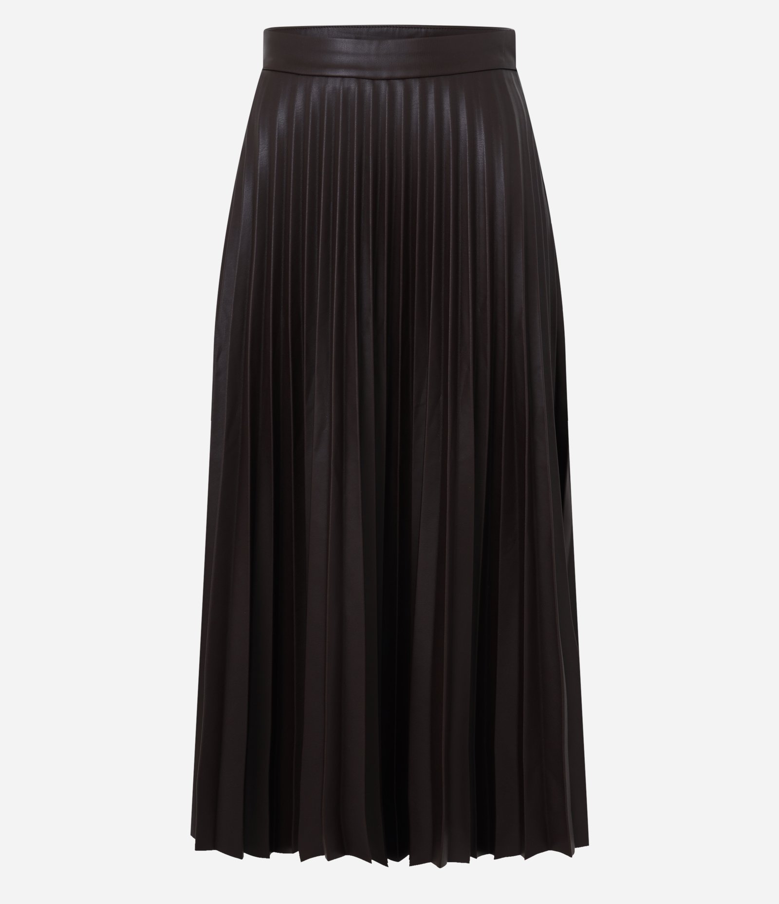Saia Midi em PU com Cós Alfaiatada e Textura Plissada Marrom Café