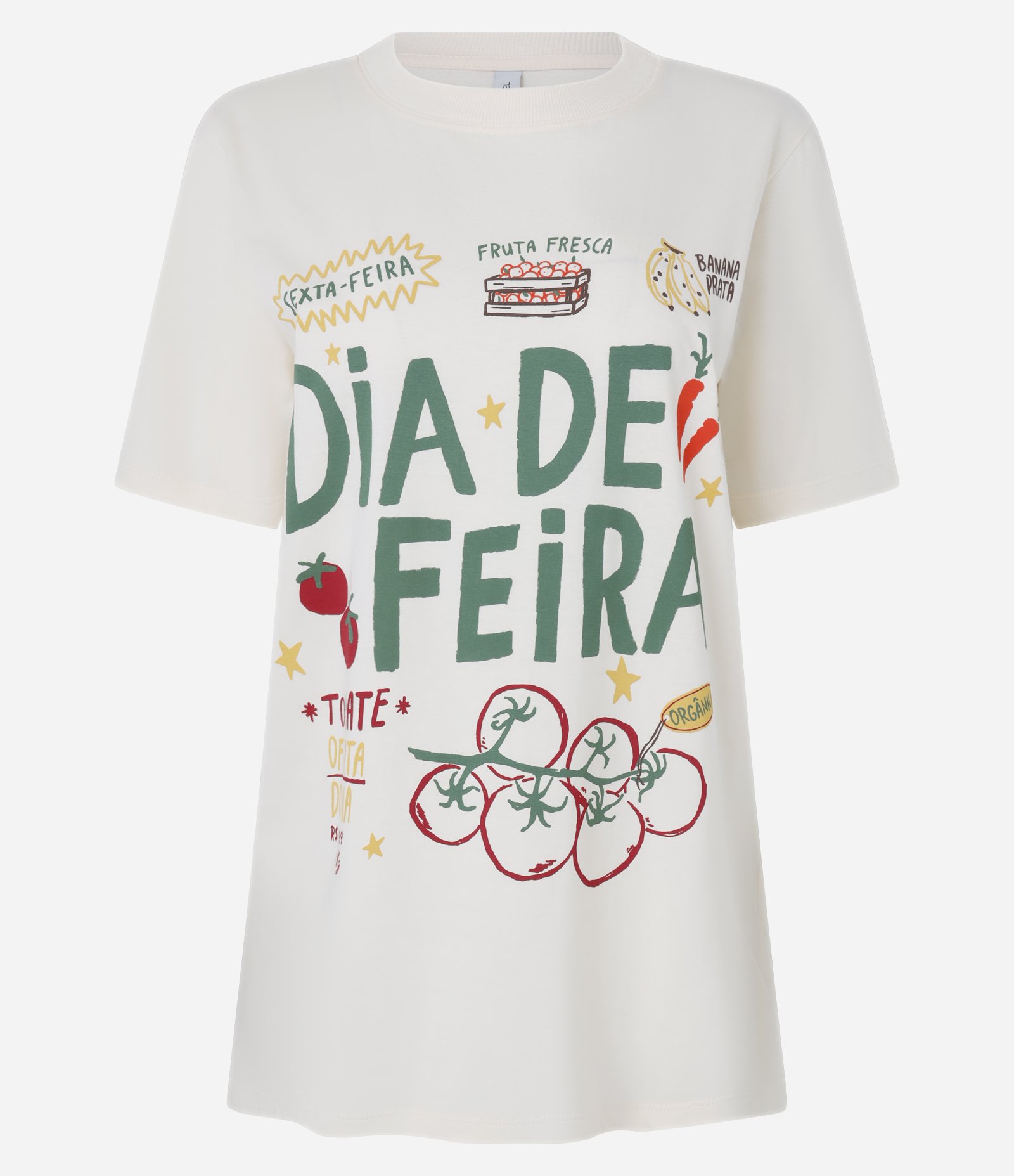 Camiseta Alongada em Algodão com Estampa Dia de Feira Off White 5