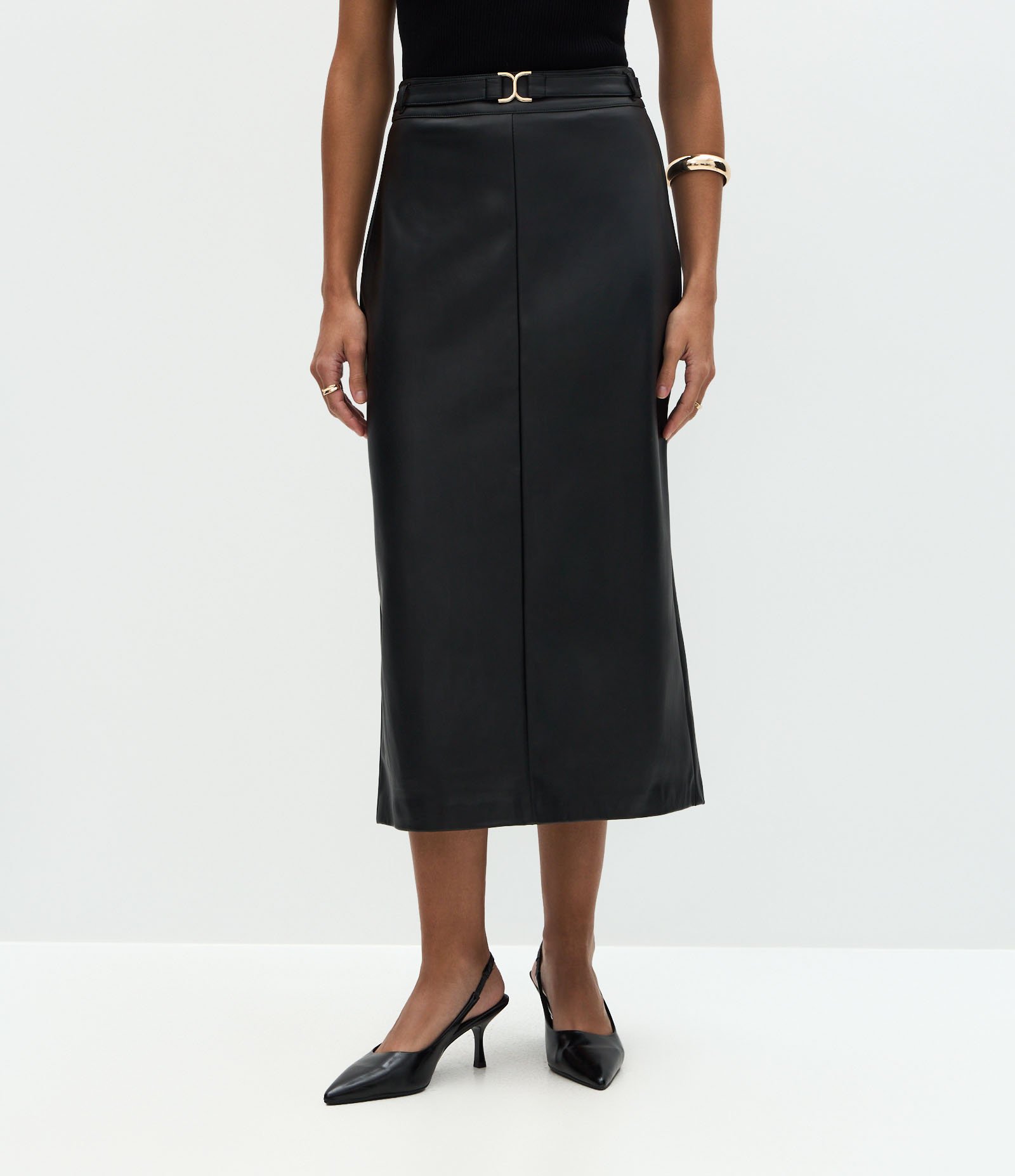 Saia Midi em PU com Cinto Afivelado e Fenda Atrás Preto 3