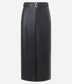 Saia Midi em PU com Cinto Afivelado e Fenda Atrás