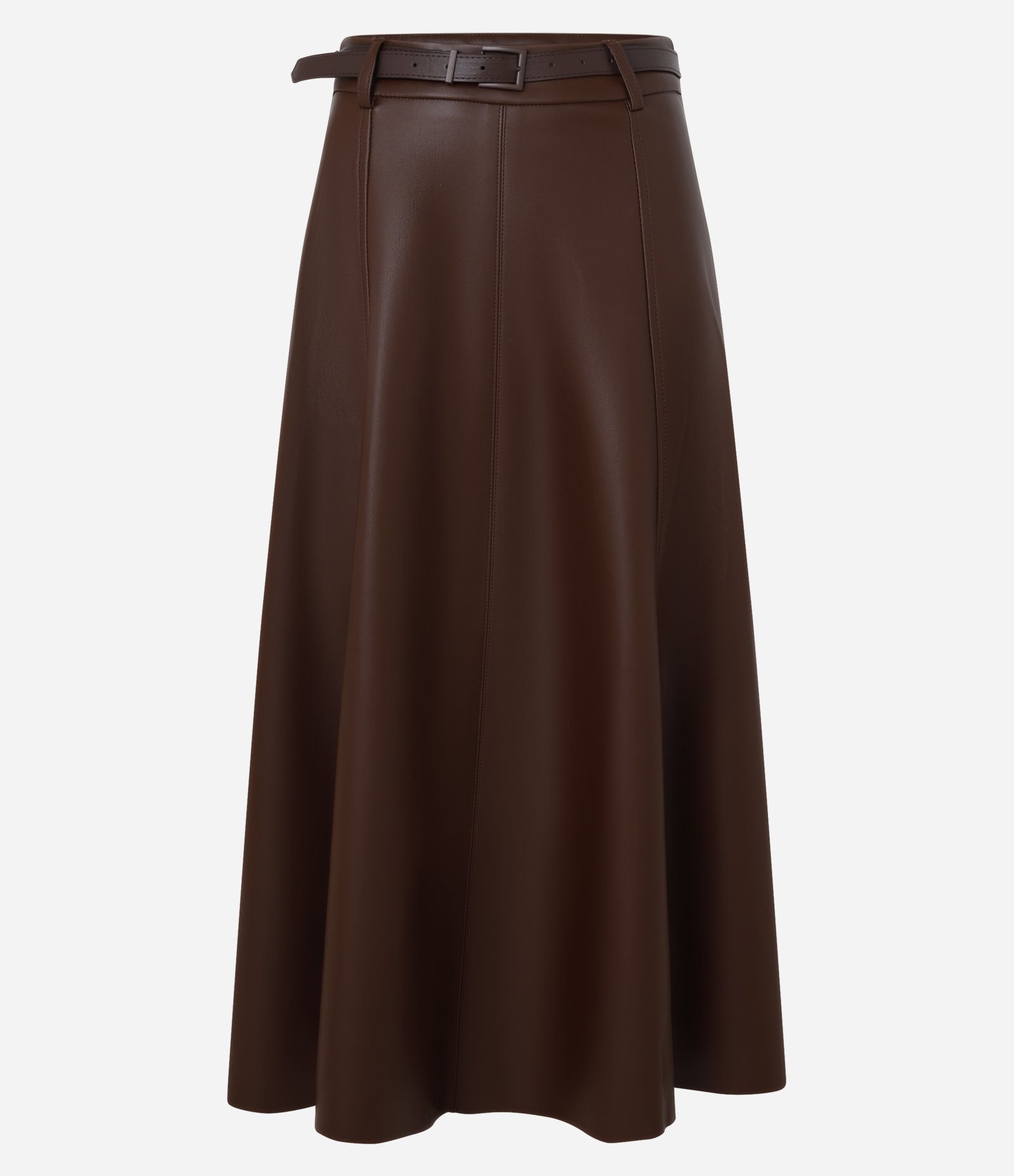 Saia Godê Midi em PU com Cinto Fino de Fivela Forrada Marrom 5