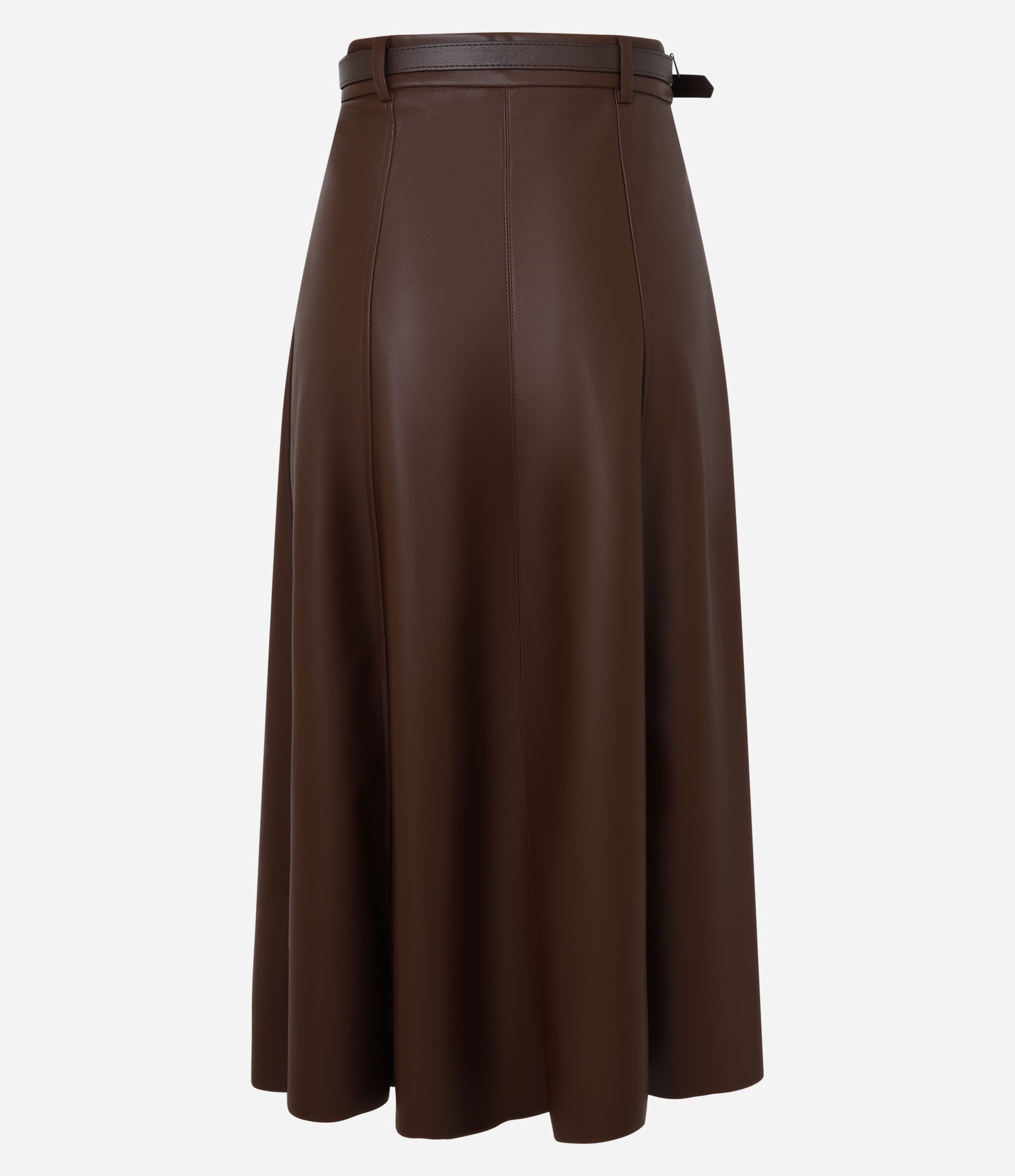 Saia Godê Midi em PU com Cinto Fino de Fivela Forrada Marrom 6