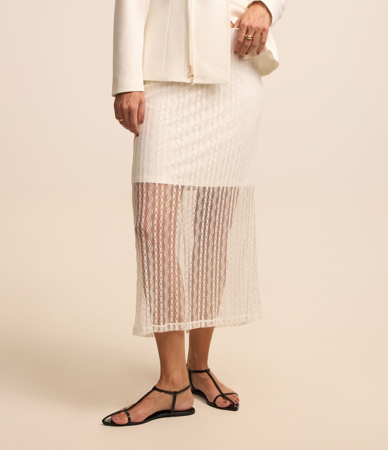 Saia Reta Midi em Laise com Renda na Sobreposição Transparente Branco 3