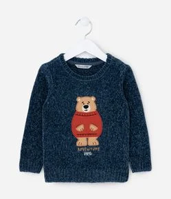 Suéter Infantil em Chenille com Bordado Urso - Tam 1 a 5 Anos