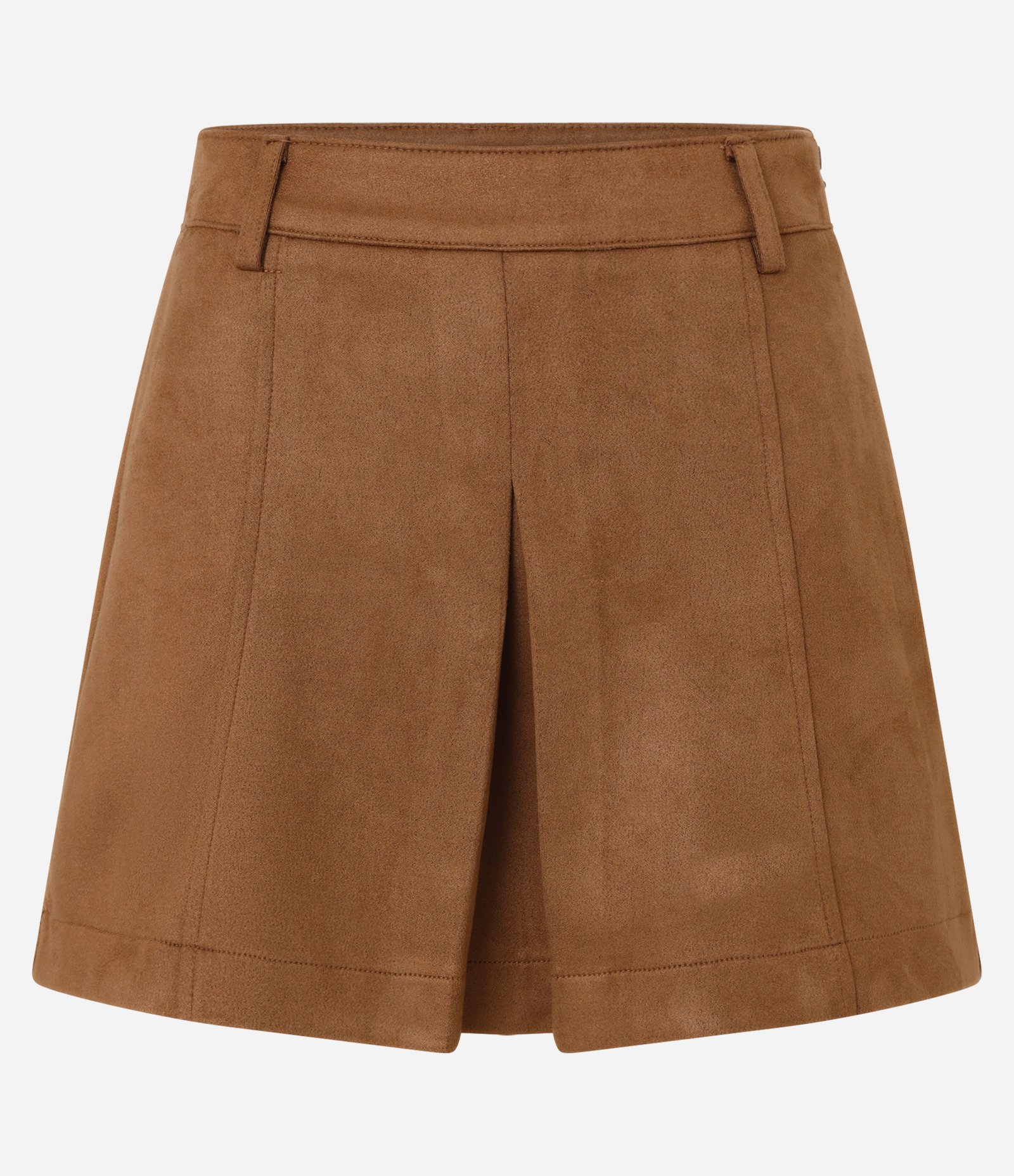 Short Saia Curto em Suedine com Prega e Cós em Alfaiataria Marrom 1