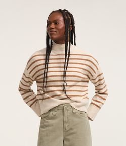 Suéter Slim em Tricô Leve Listrado com Gola Alta