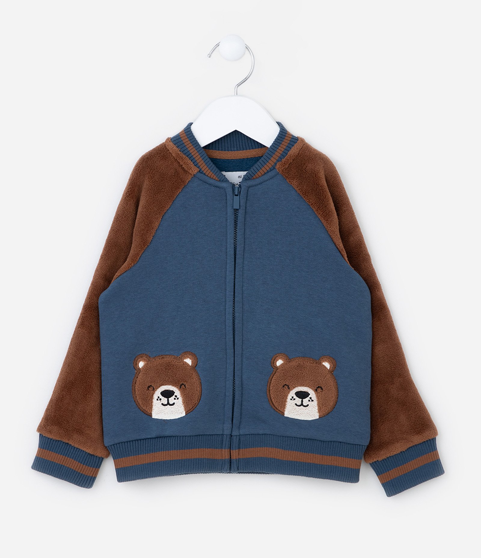 Jaqueta Bomber Infantil com Bordado Urso - Tam 1 a 5 Anos Azul/Marrom 1