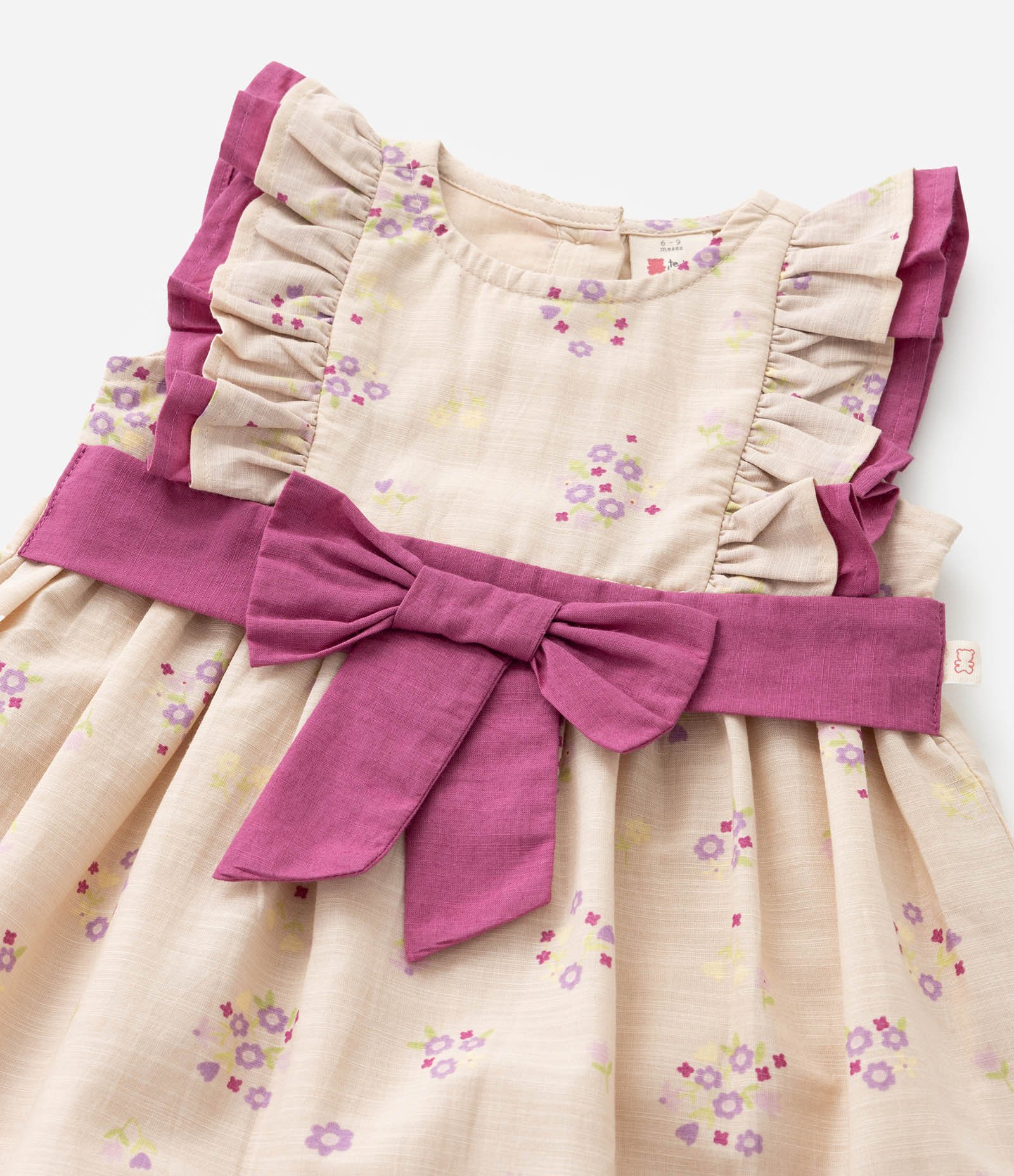 Vestido Infantil com Babado e Laço Contrastante - Tam 3 a 18 meses Bege/Rosa 9