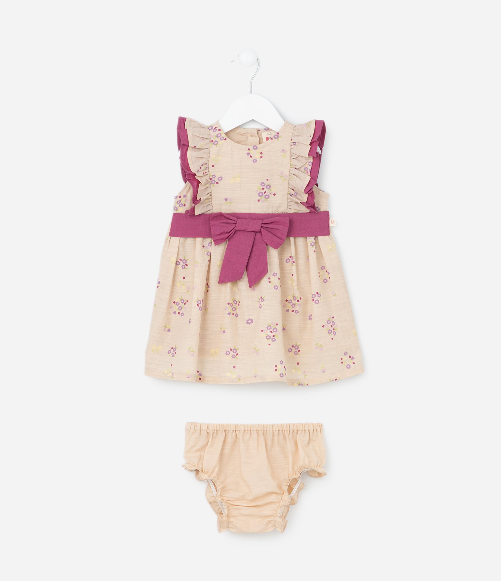 Vestido Infantil com Babado e Laço Contrastante - Tam 3 a 18 meses Bege/Rosa 1