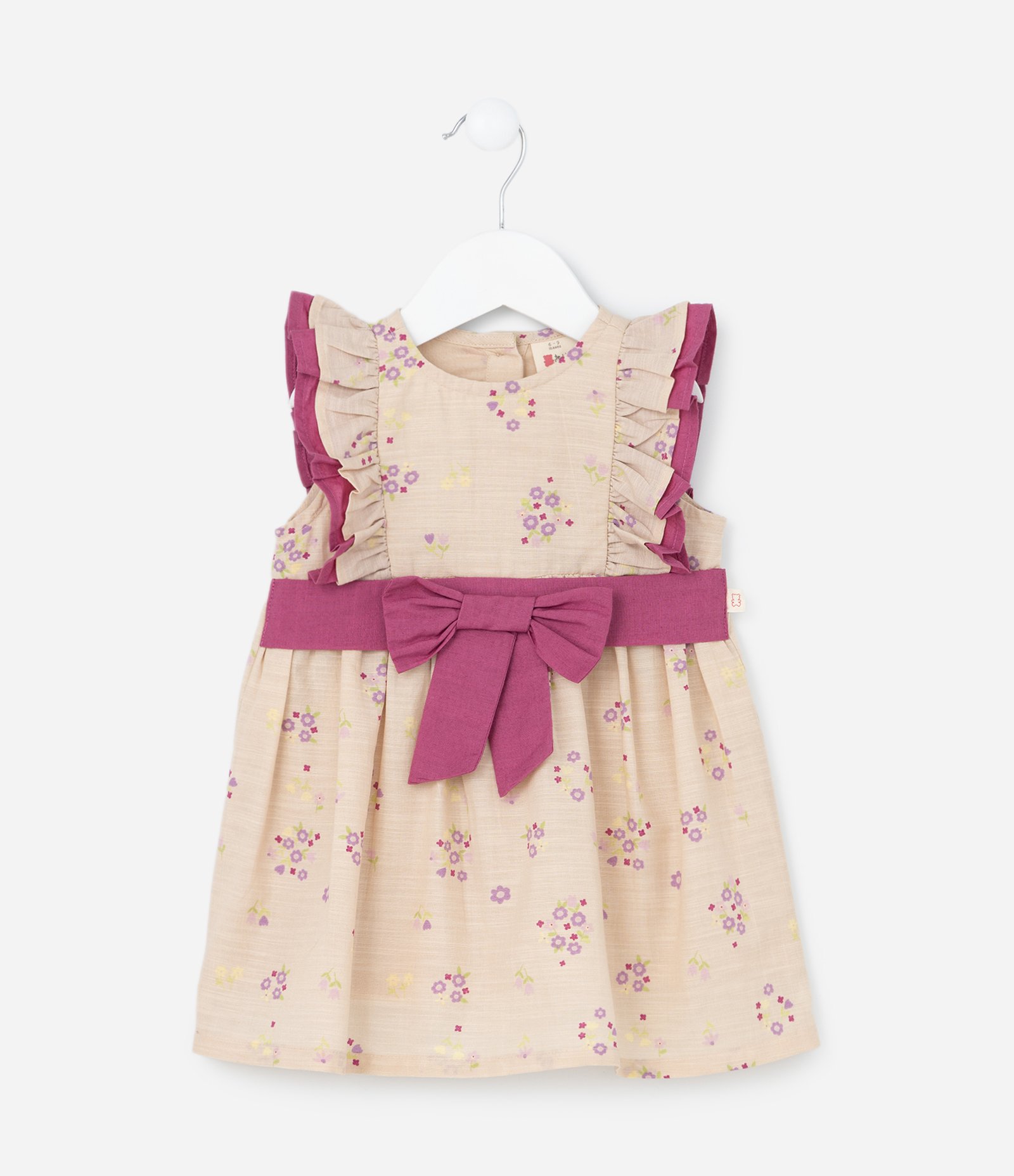 Vestido Infantil com Babado e Laço Contrastante - Tam 3 a 18 meses Bege/Rosa 2