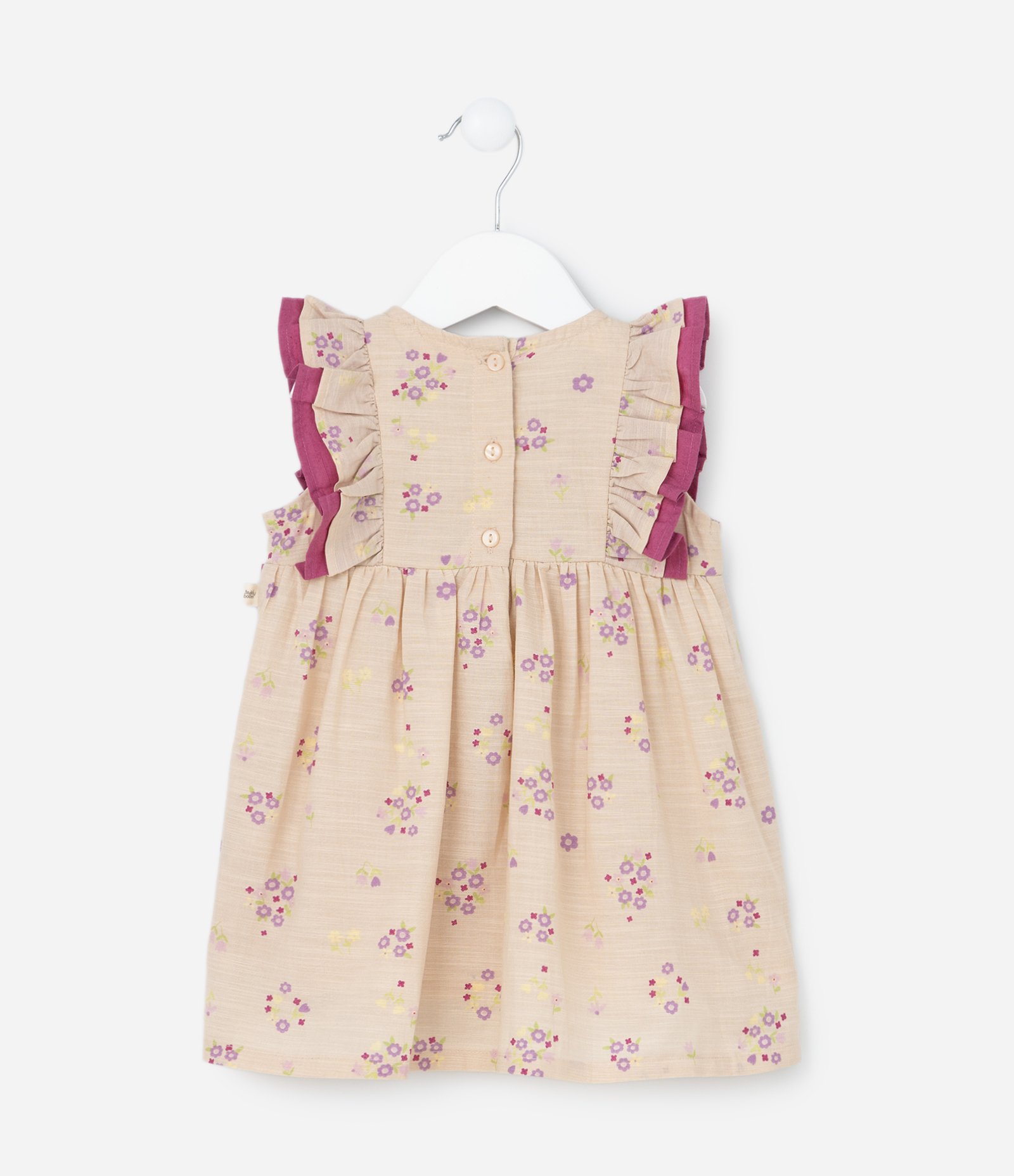 Vestido Infantil com Babado e Laço Contrastante - Tam 3 a 18 meses Bege/Rosa 7