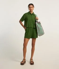 Short Runner em Viscose e Linho com Elástico no Cós e Bolsos