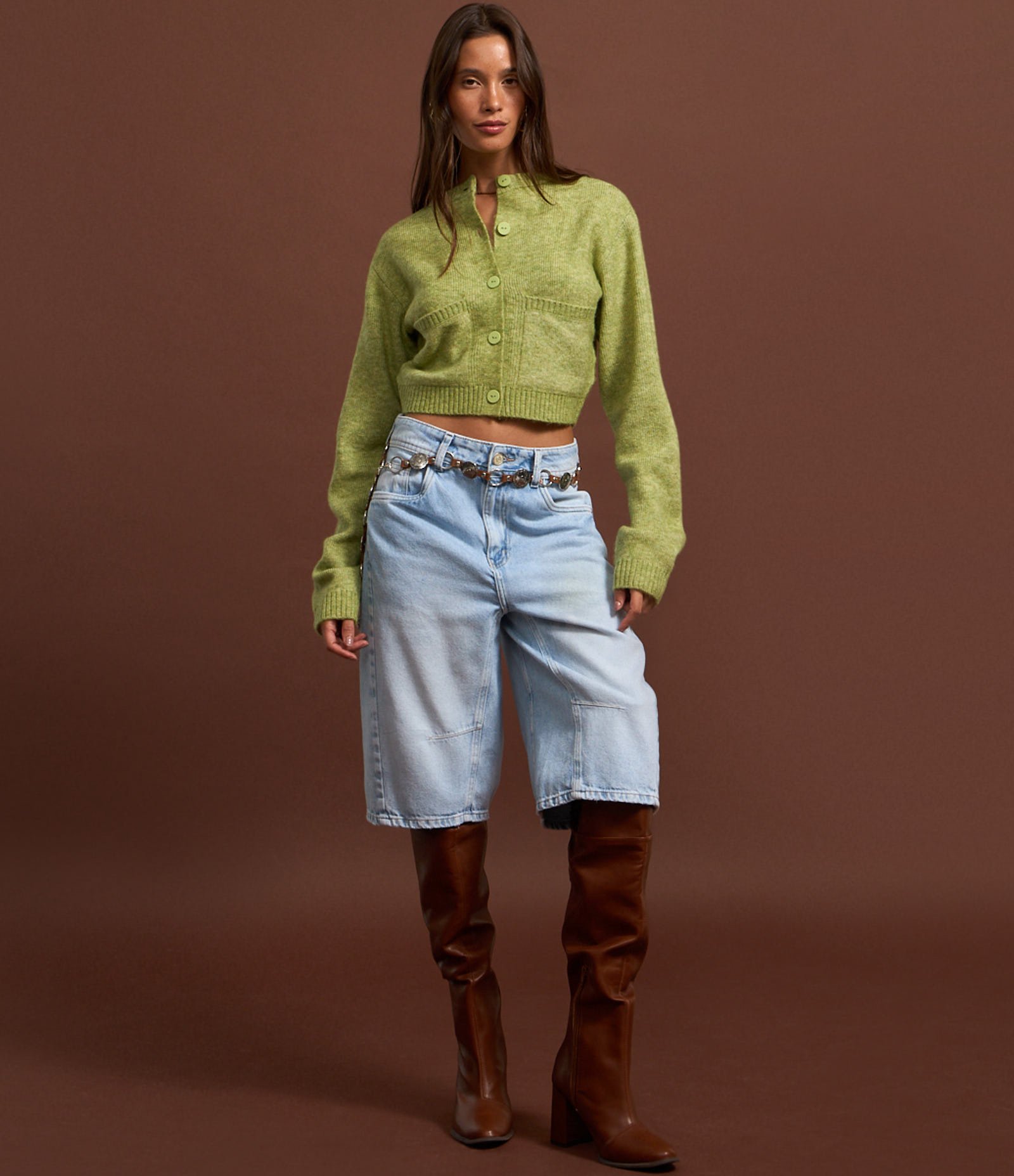 Cardigan Cropped em Tricô com Bolsinhos e Botões Frontais Verde 6