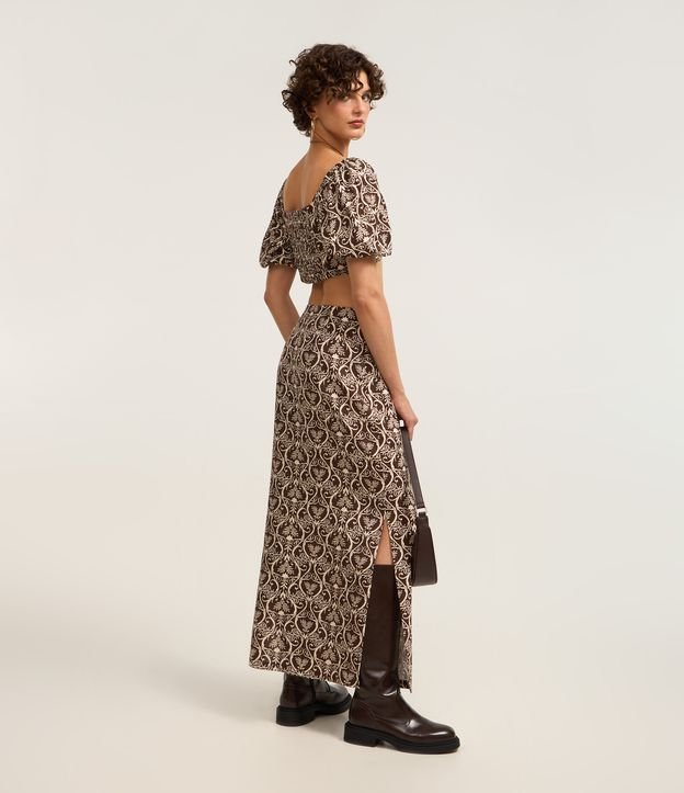 Saia New Midi em Viscose e Linho com Estampa Arabesca