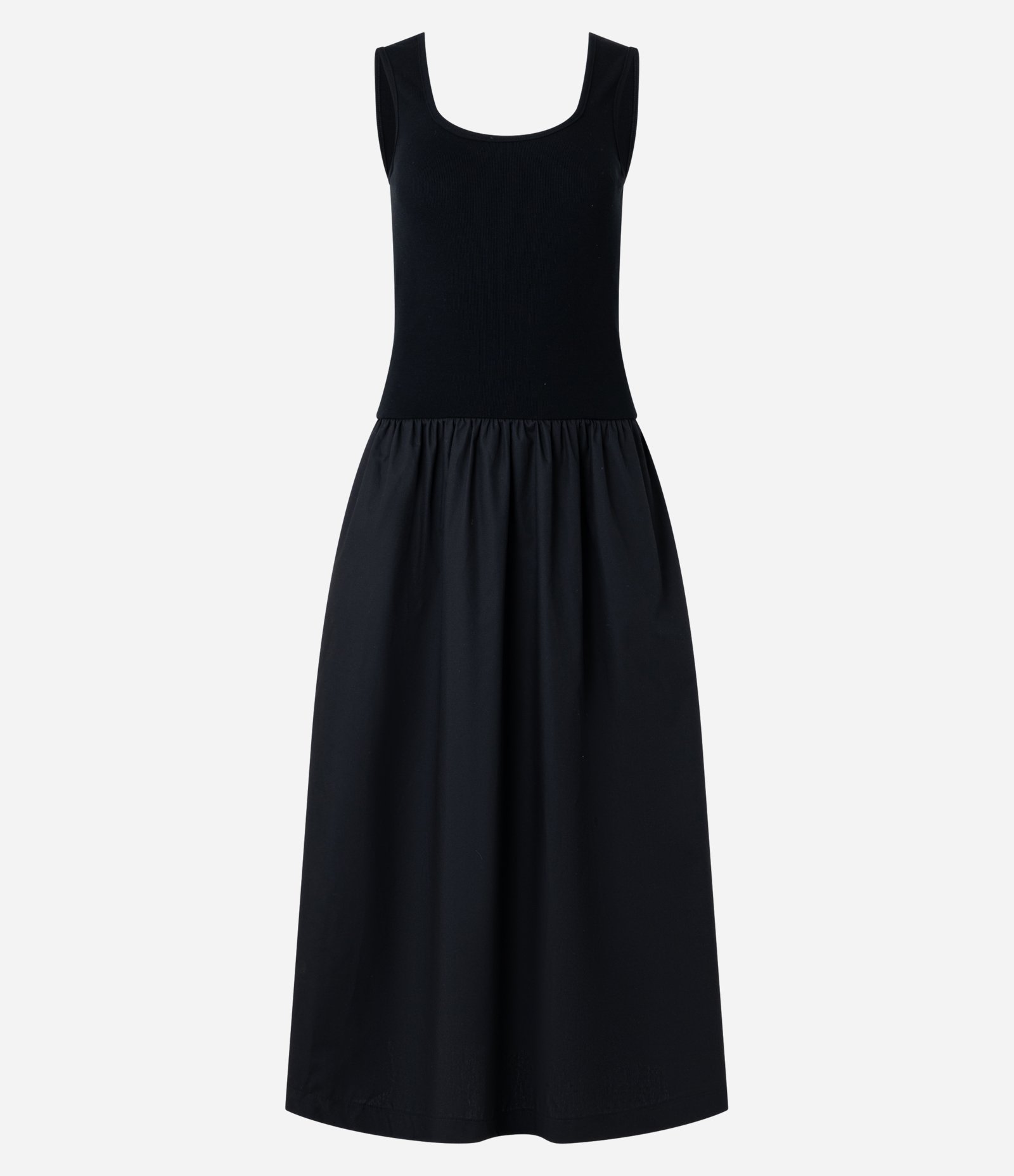 Vestido Evasê Midi Sem Manga com Mix de Tecidos Preto 6