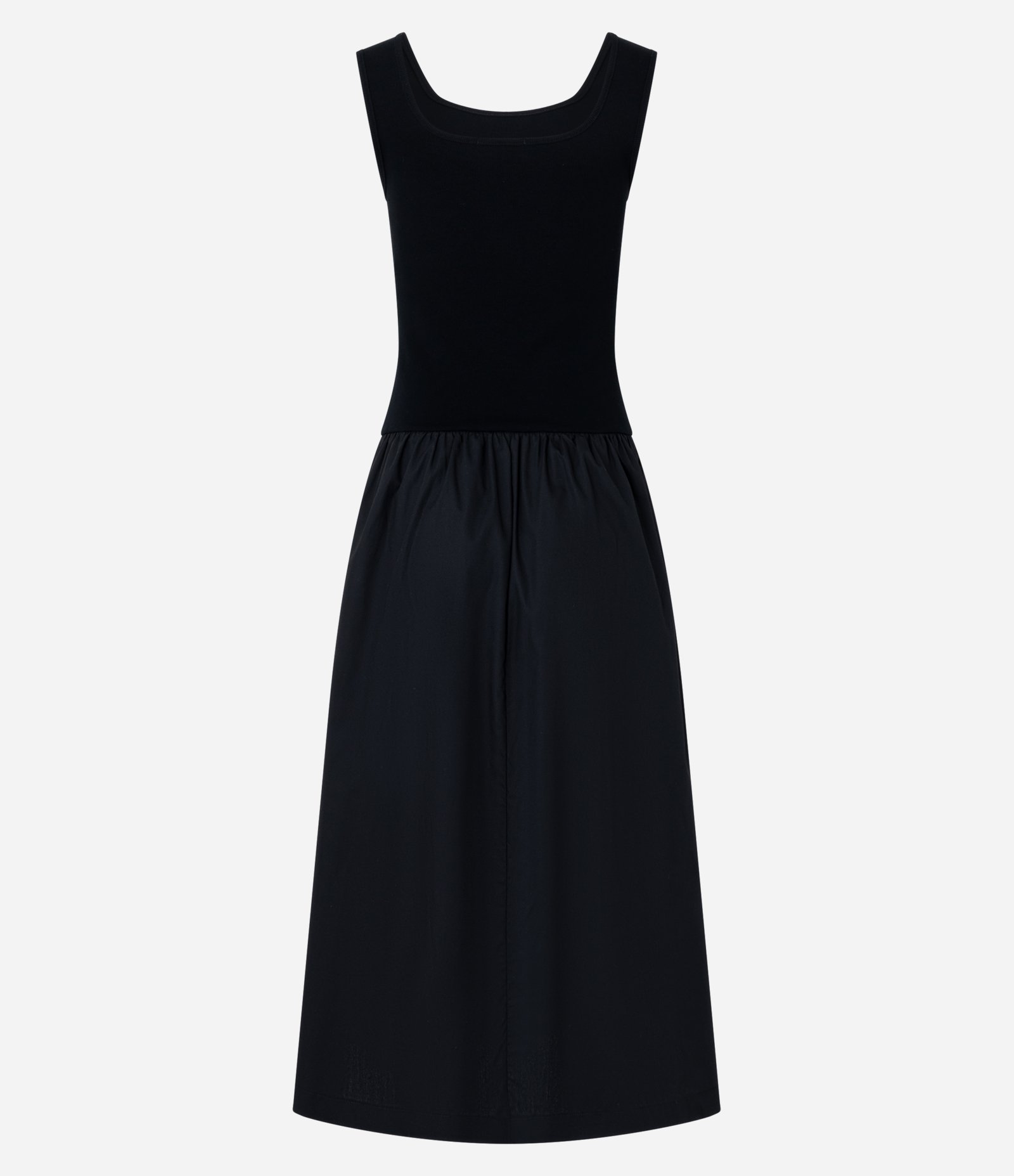 Vestido Evasê Midi Sem Manga com Mix de Tecidos Preto 8