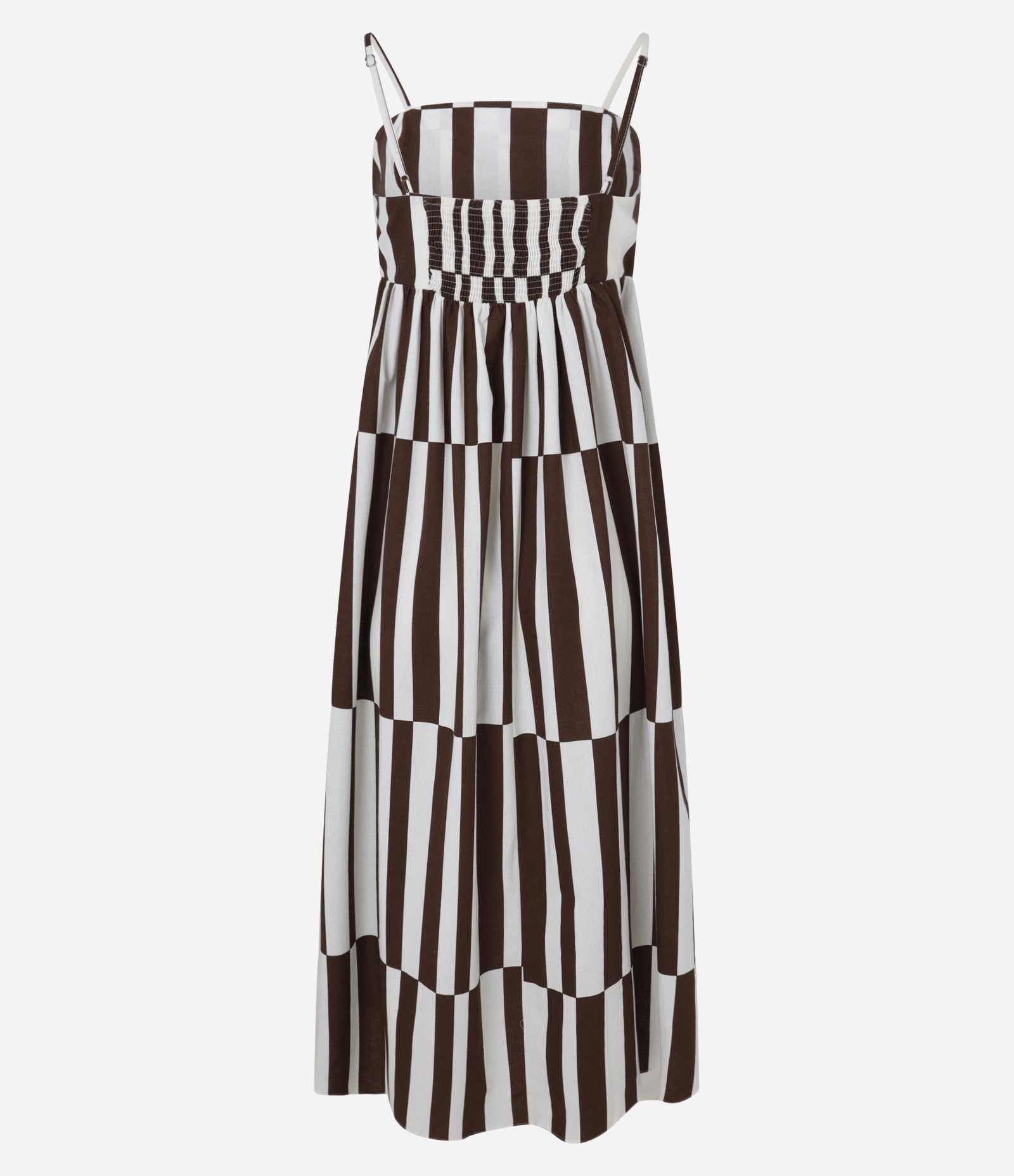 Vestido New Midi Evasê em Tricoline com Recortes e Listras Marrom/Branco 8