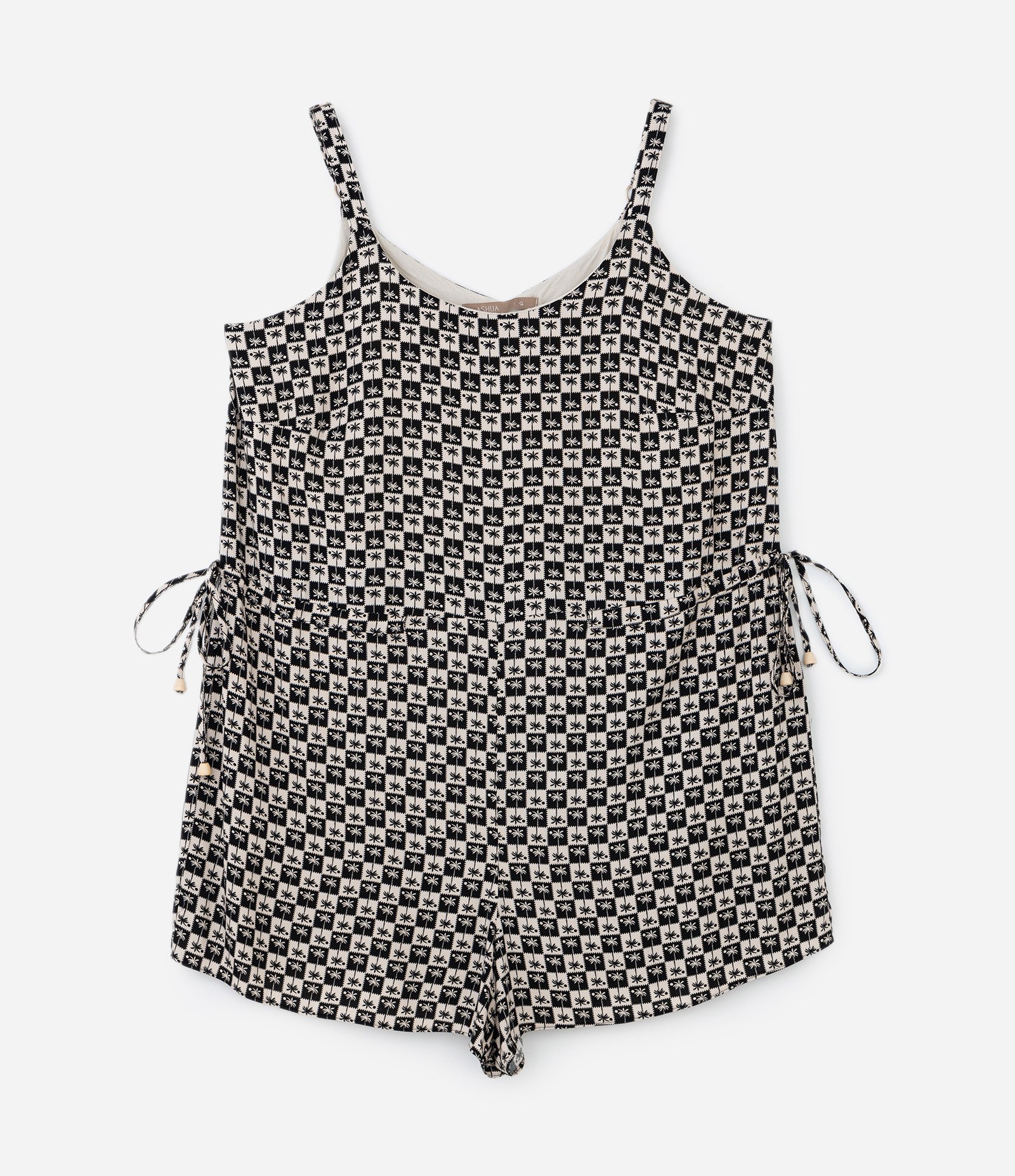 Macaquinho em Viscose Estampa Coqueiros Curve & Plus Size Preto/Branco 7