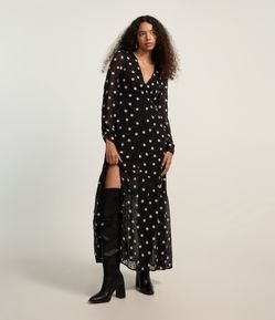 Vestido Evasê Longo em Chiffon com Bordado de Florzinhas