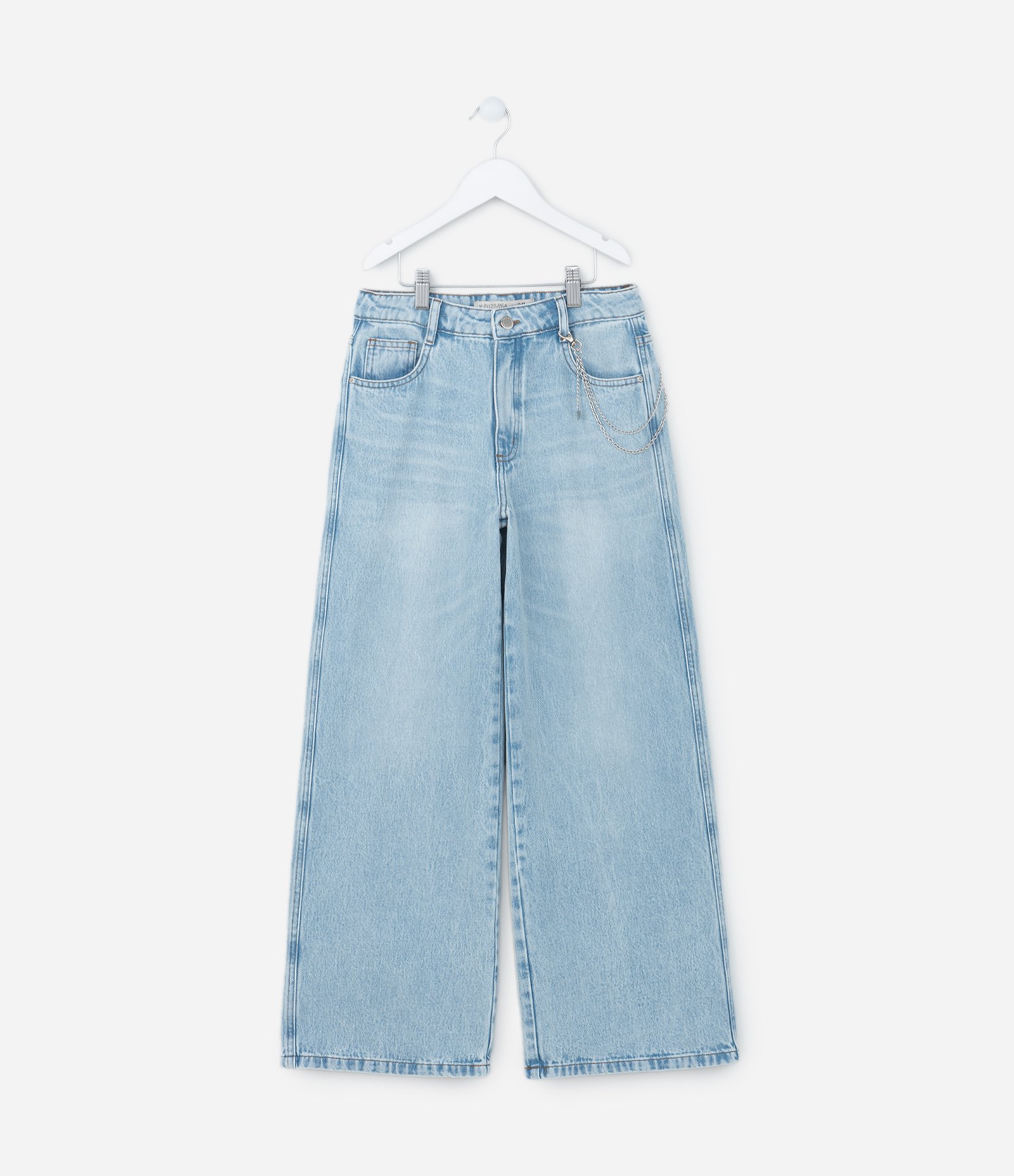 Calça Wide Leg Infantil em Jeans com Correntinha - Tam 5 a 14 Anos Azul 1