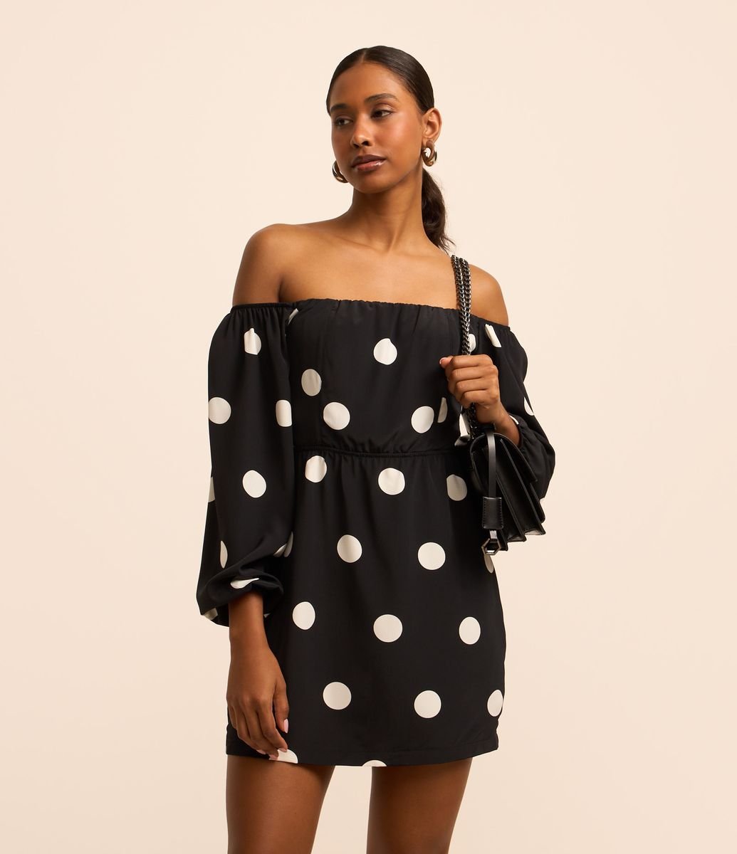 Vestido Curto Ombro a Ombro em Crepe com Poás Estampados Preto