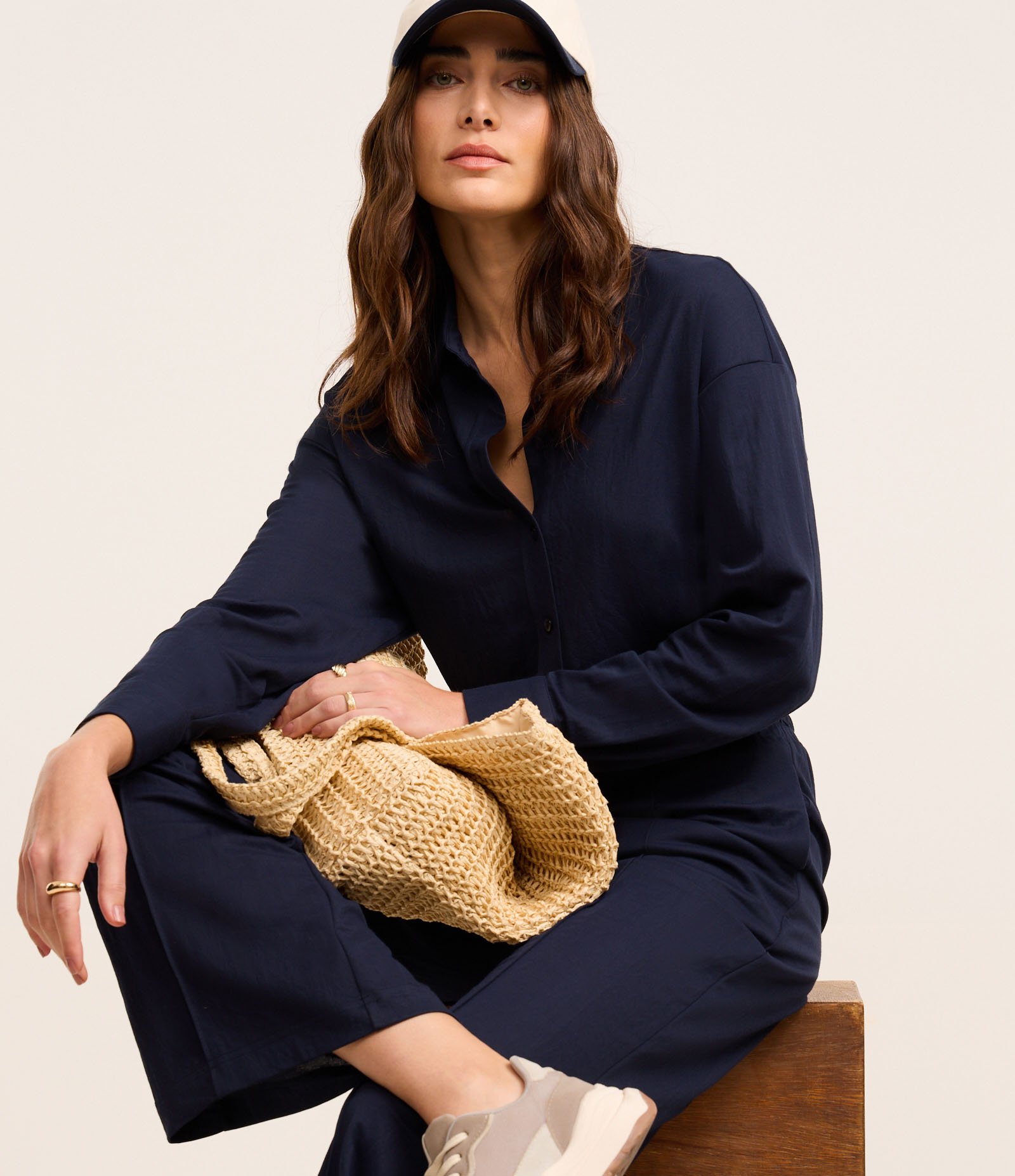 Calça Reta de Cintura Alta em Malha Piquet com Cós Elástico Azul 5