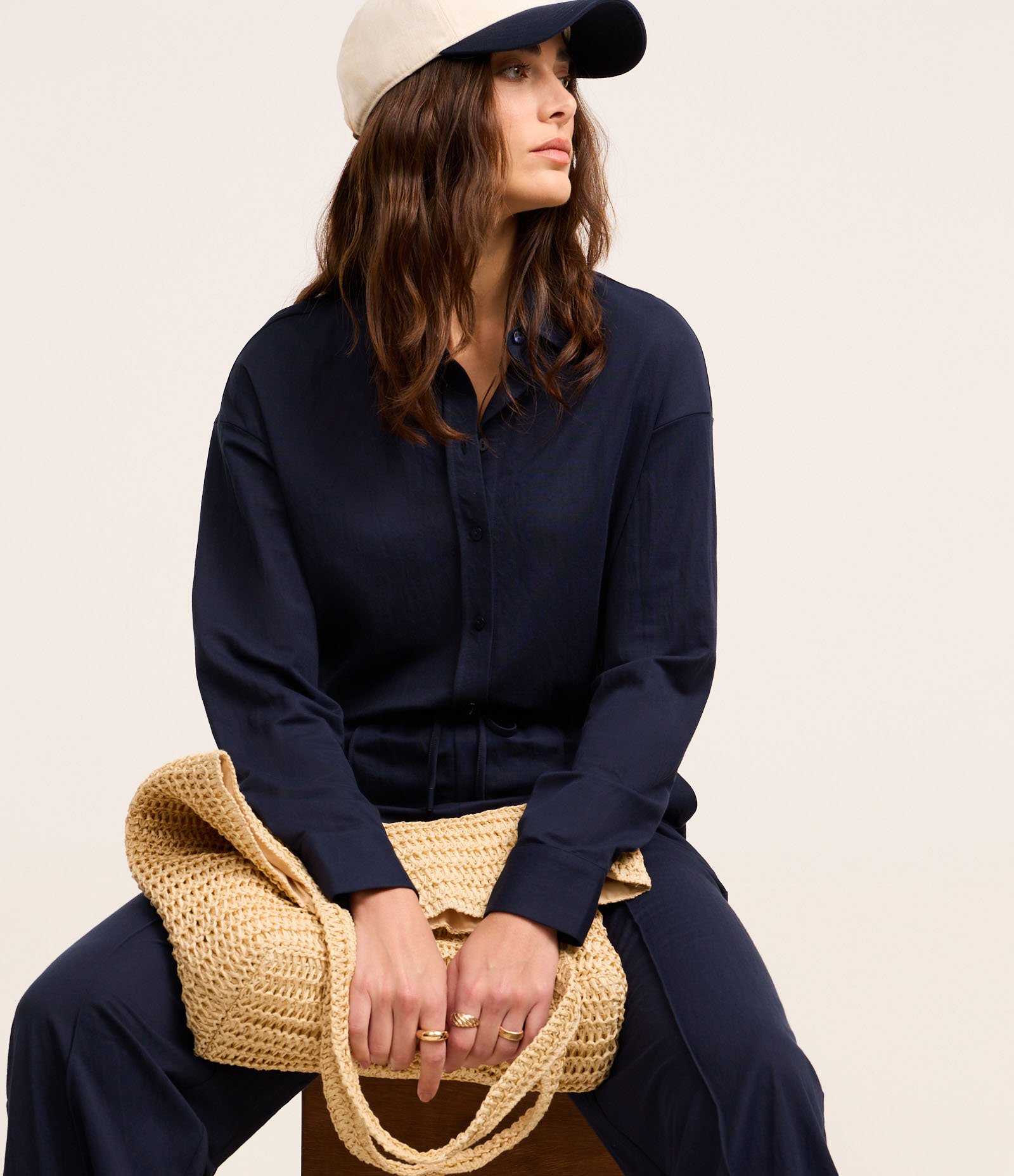 Calça Reta de Cintura Alta em Malha Piquet com Cós Elástico Azul 6