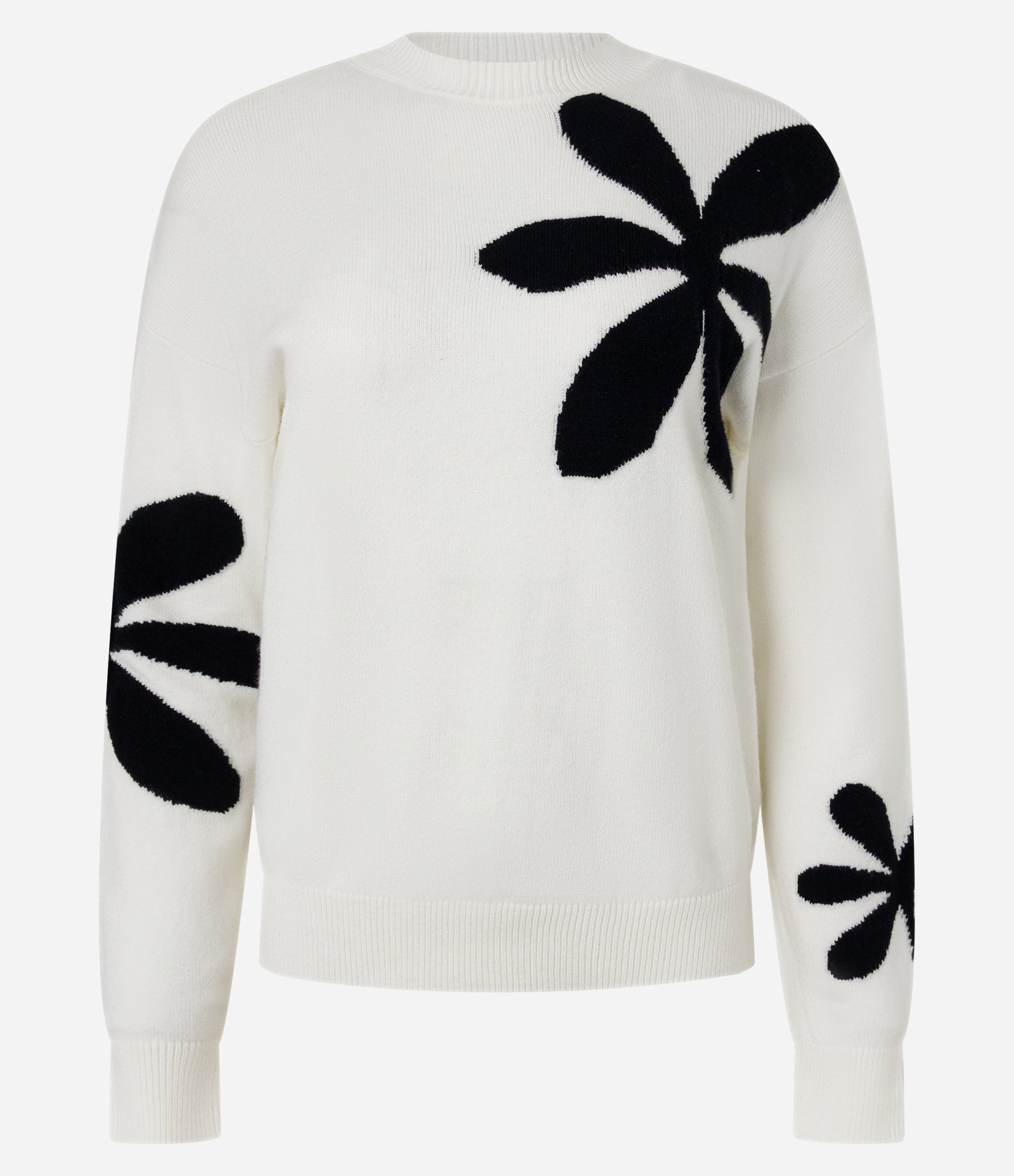 Suéter Regular em Tricô Pesado com Flores Branco/Preto 1