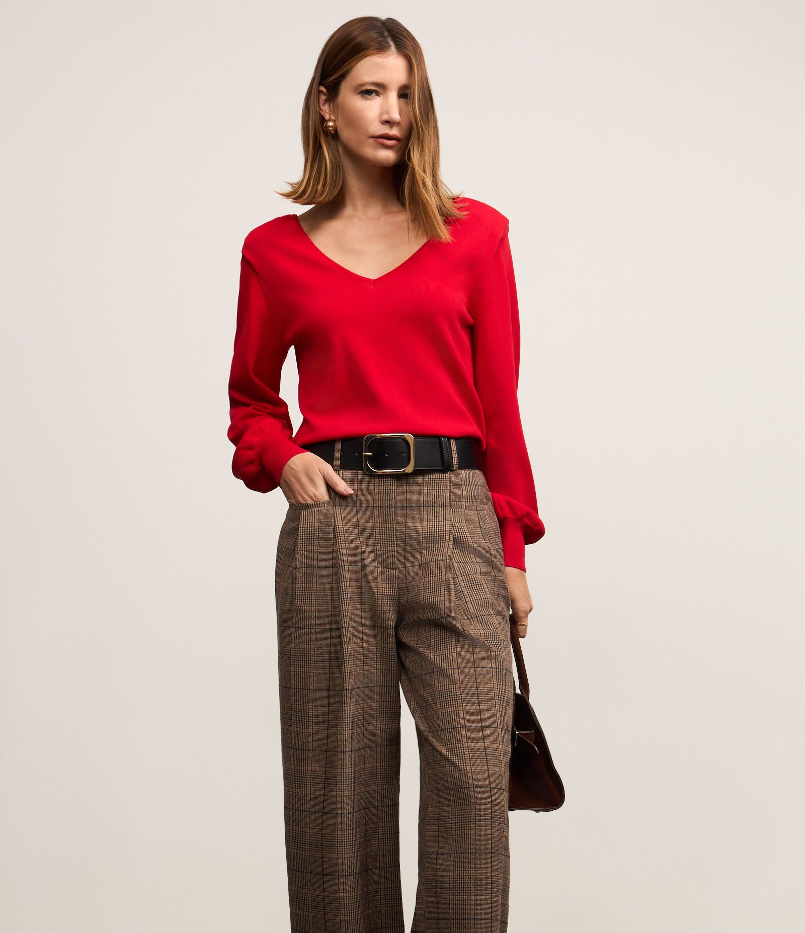 Calça Wide Leg em Alfaiataria com Cintura Alta Marrom 6