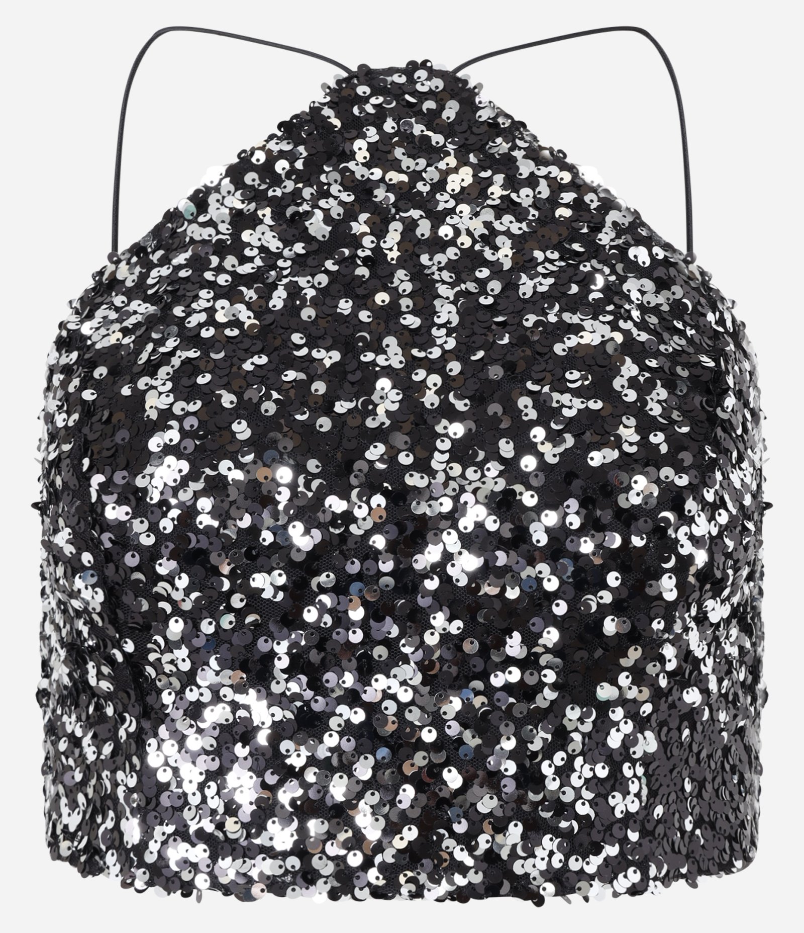 Blusa Cropped em Paetê com Base em Veludo e Decote Halter Preto 5