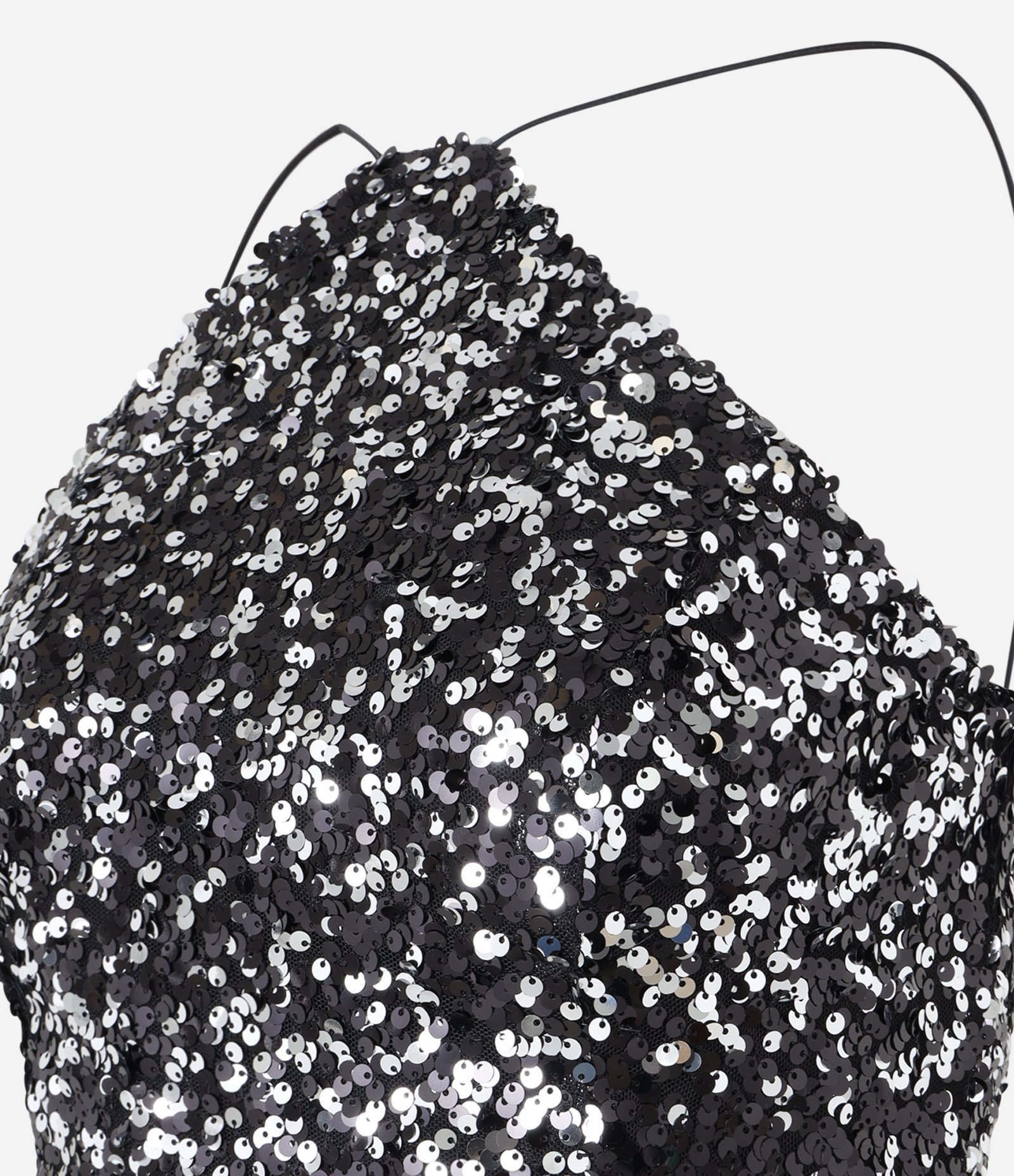 Blusa Cropped em Paetê com Base em Veludo e Decote Halter Preto 6