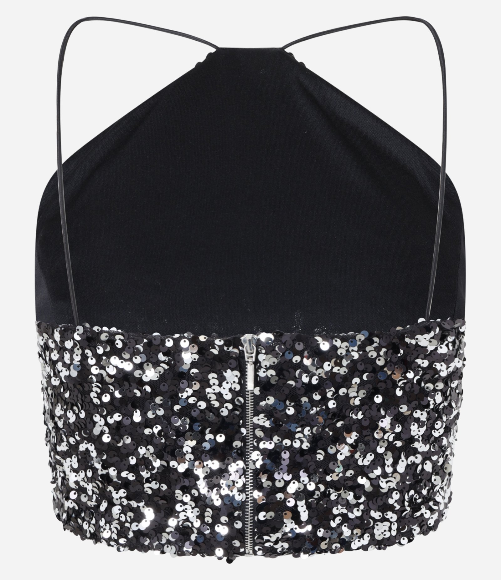 Blusa Cropped em Paetê com Base em Veludo e Decote Halter Preto 7