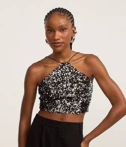 Blusa Cropped em Paetê com Base em Veludo e Decote Halter